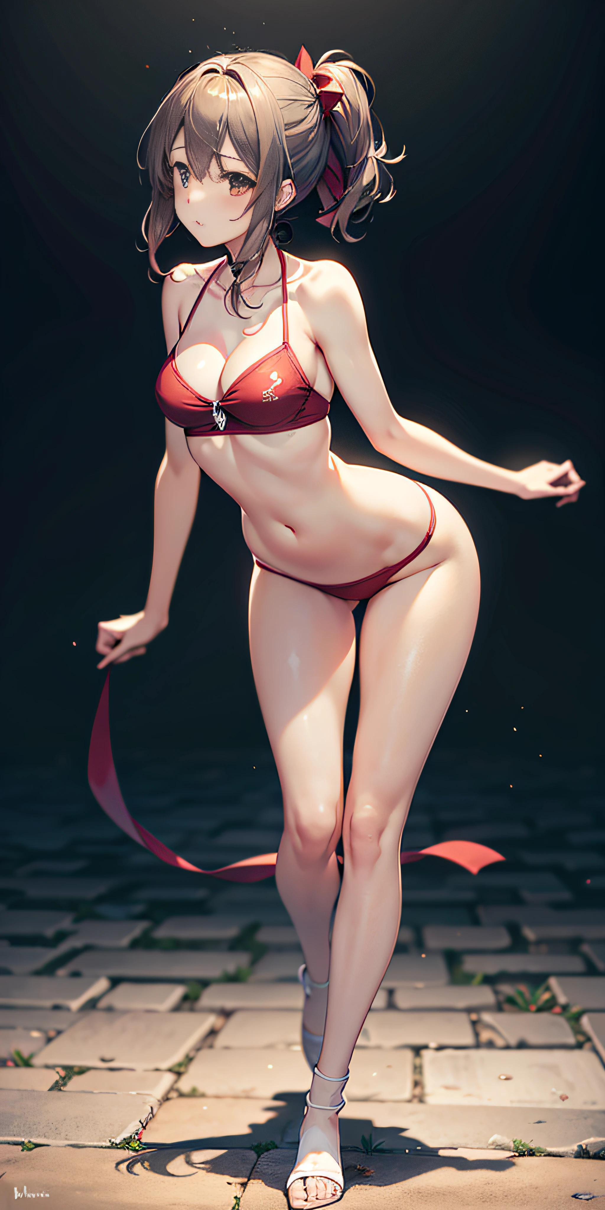 Full body view, anime 2D, 2D, Anime estilo Milky, Almost symmetrical face, personaje: heroine, Beautiful celestial thin woman with perfect body looks 16 years old, medium size silver hair with green tips, , micro tube top verde translucido, micro falda extremadamente corta mega ajustada (destrozada por combate), pisando una tela roja en zona urbana. Hay un muy fuerte viento ascendente, ultra detallado, intrincado, 8k , dynamic sexy pose