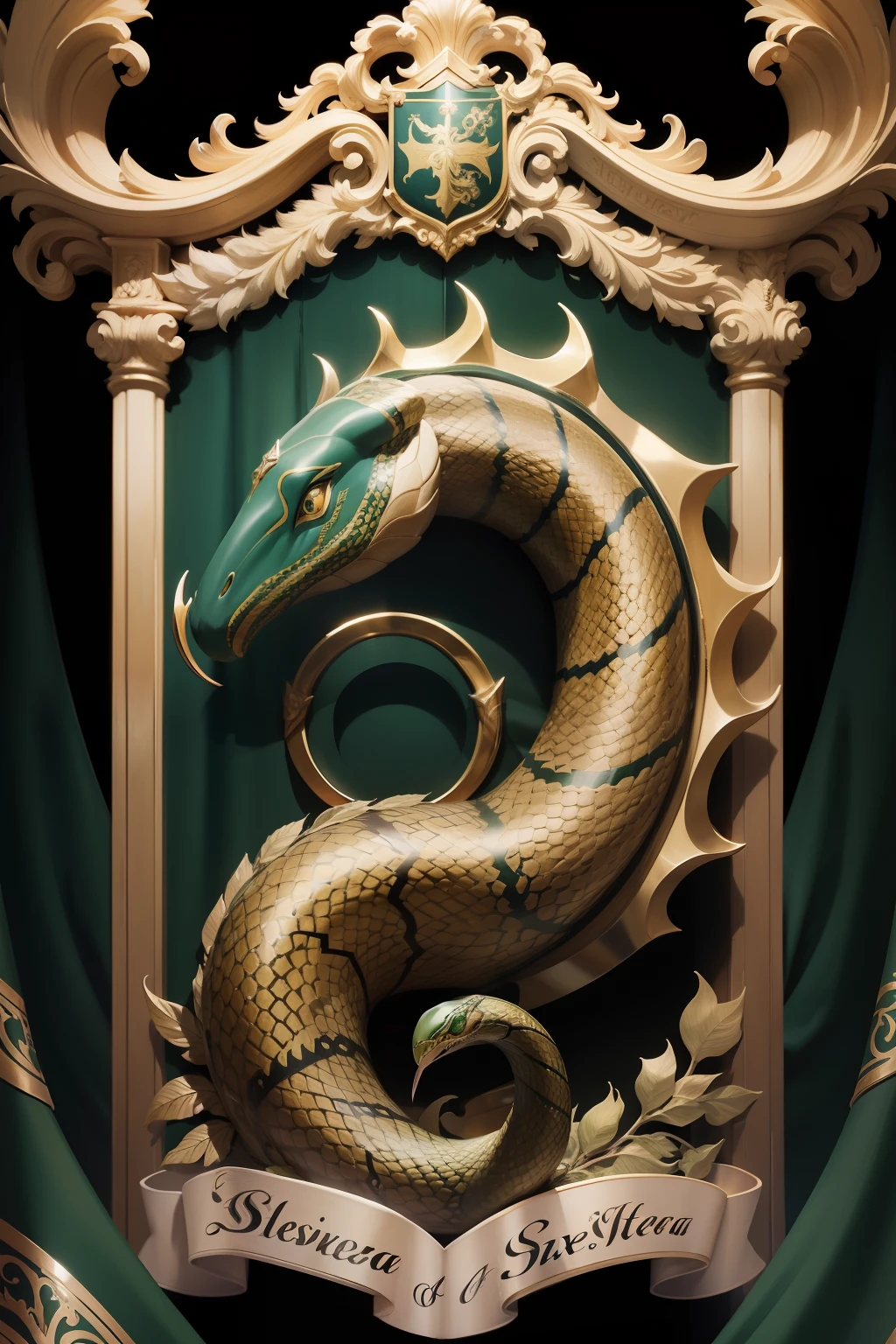 tmasterpiece,coat of arms,"Sylveira", serpente em destaque, alta resolução, verde dourado e preto