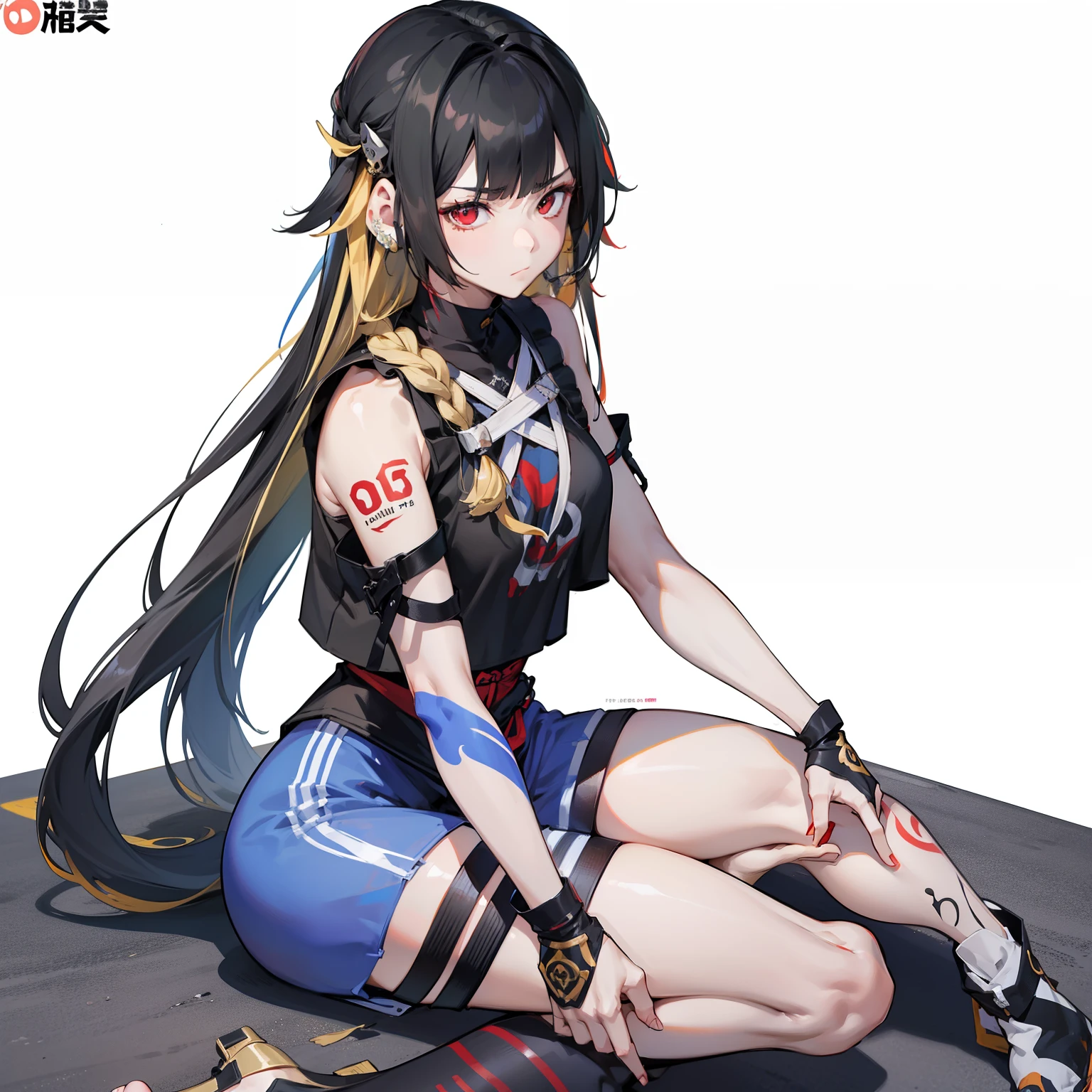 独奏、Long black hair、full bodyesbian、Scattered hair、Ad cover、Tattoos on the face、sitting on ground、Red eyes、Hanging、Tank tops、cool expression、masterpiece、top-quality、tre anatomically correct、8k