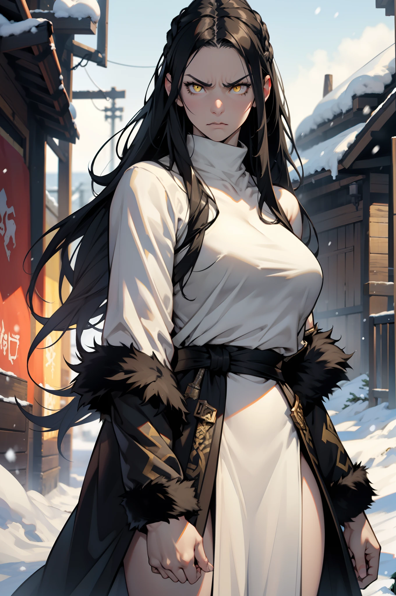 ((((muscular)))), wide hips, large breasts, angry, 1 girl, very long hair, black hair, yellow eyes, pale skin, fur trim coat, snow, (blurry background), viking