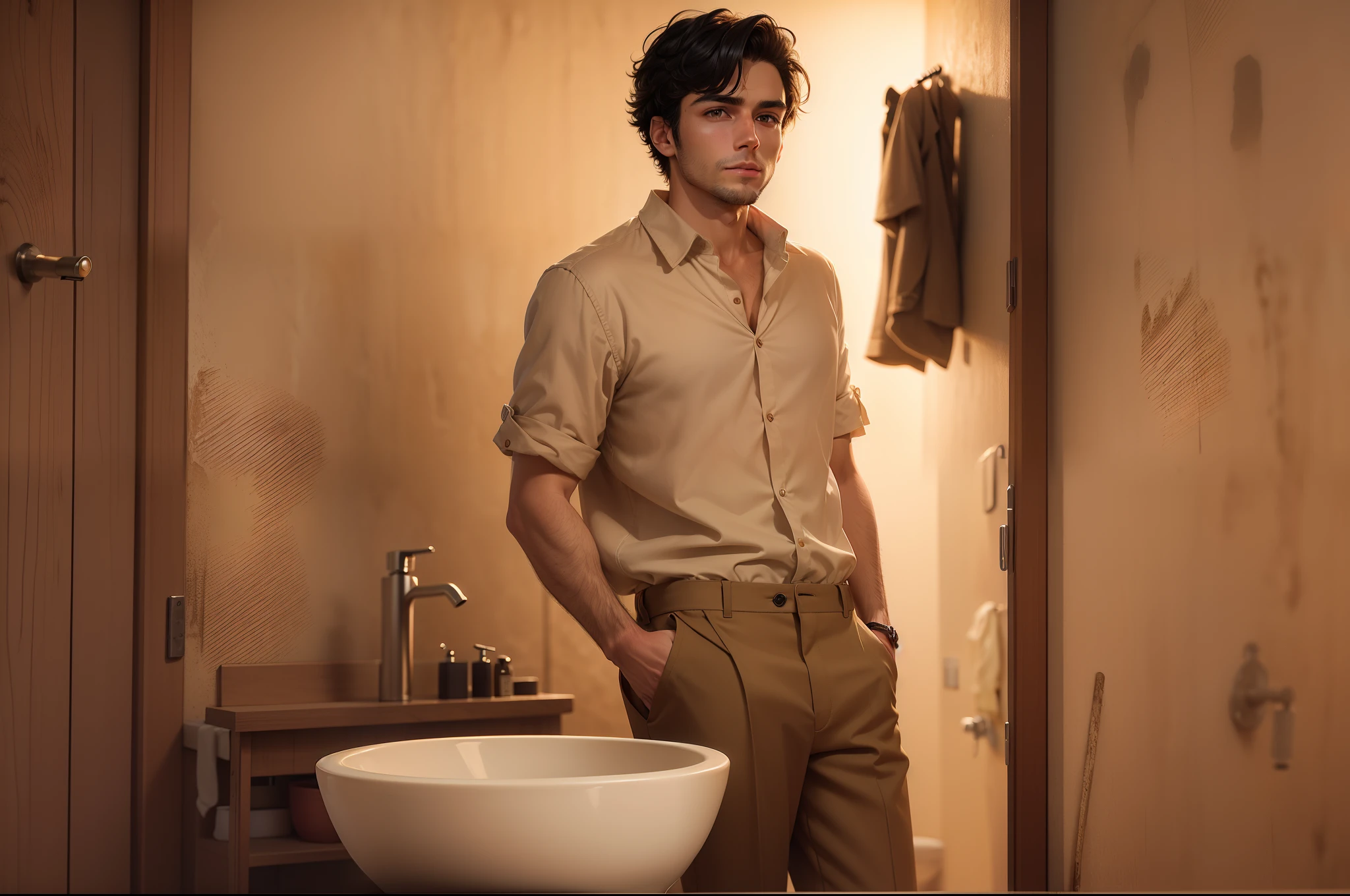 Ultra-realistic 8k image of a slim 25-year-old man, short black hair, dressed in a beige button-up blouse and beige pants, standing in front of a small washbasin in a rustic, dimly lit bathroom with faded walls, night