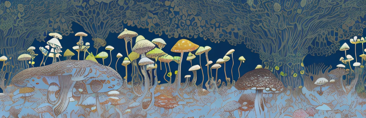 There are many different types of plants in this photo, underwater mushroom forest, psychedelic mushrooms dream, Mushroom forest, mushroom city, forest made of mushrooms, Cogumelos, Inspired by Yuko Shimizu, cogumelo trippy, psychedelic illustrations, mushroom fractals, overgrown with funghi, inspired by Georges Lacombe, mushroom trees, Fractal fungi