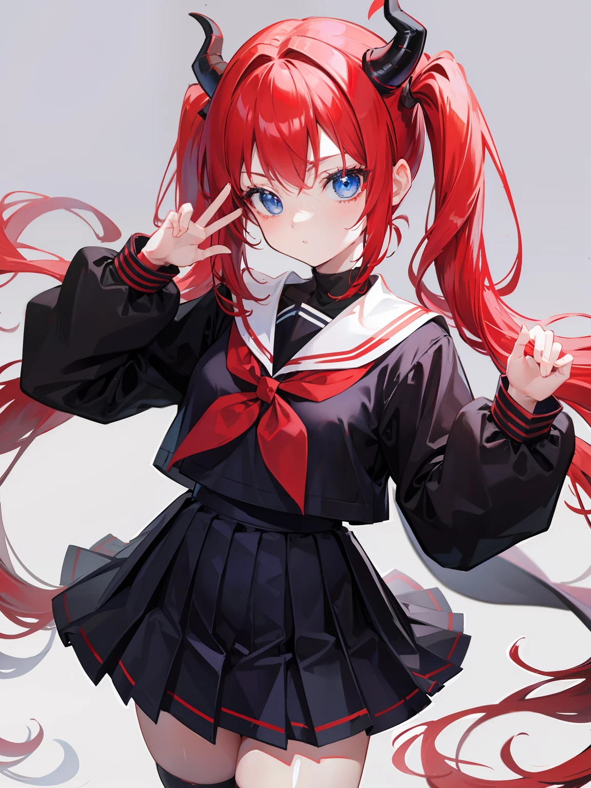 red hair, blue eyes, twintails, Sailor suit,black coat, Dragon horns,Pleated skirt,solo,loli,cute,bow