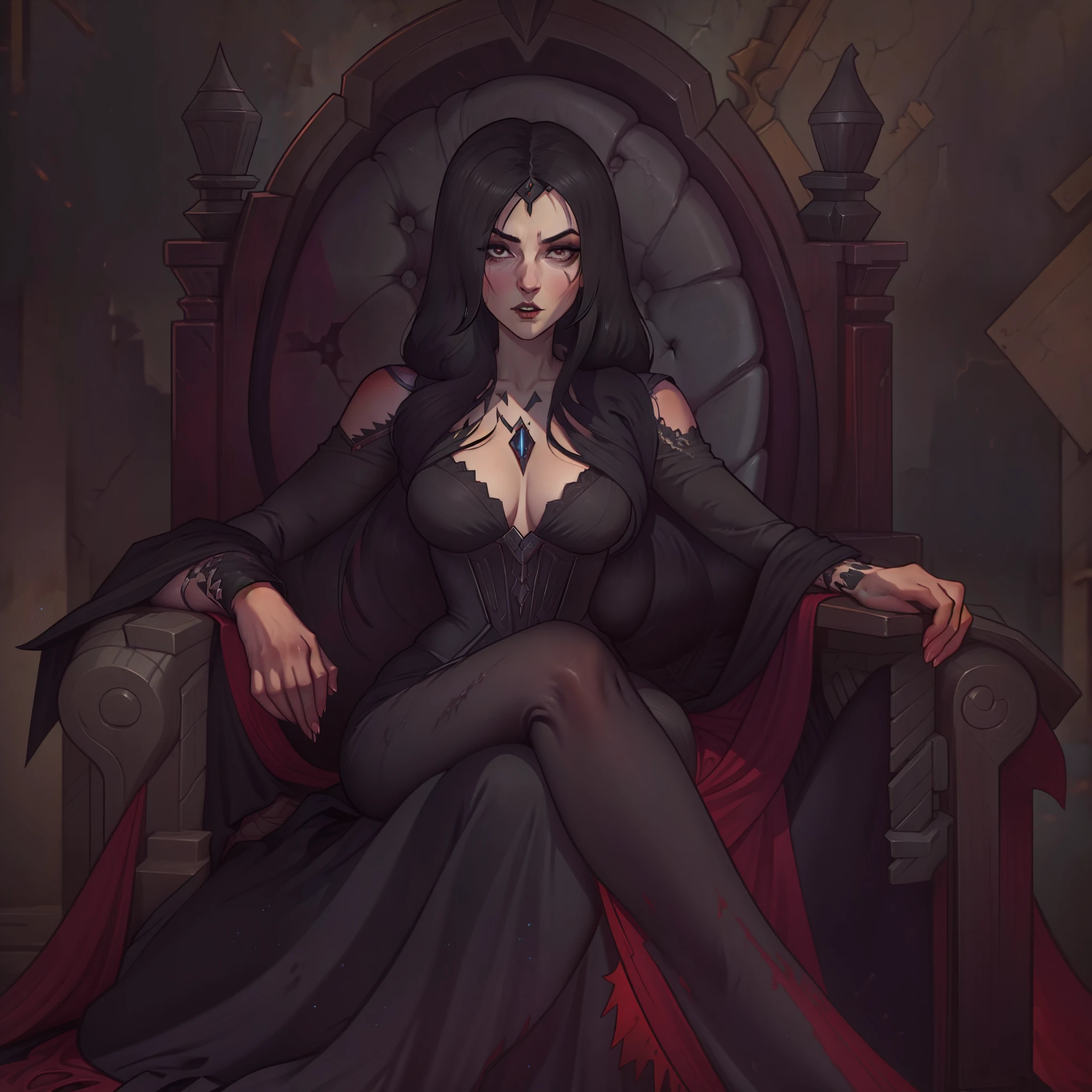 female vampire countess, evil, has long black hair, wearing regal black dress, sitting on throne