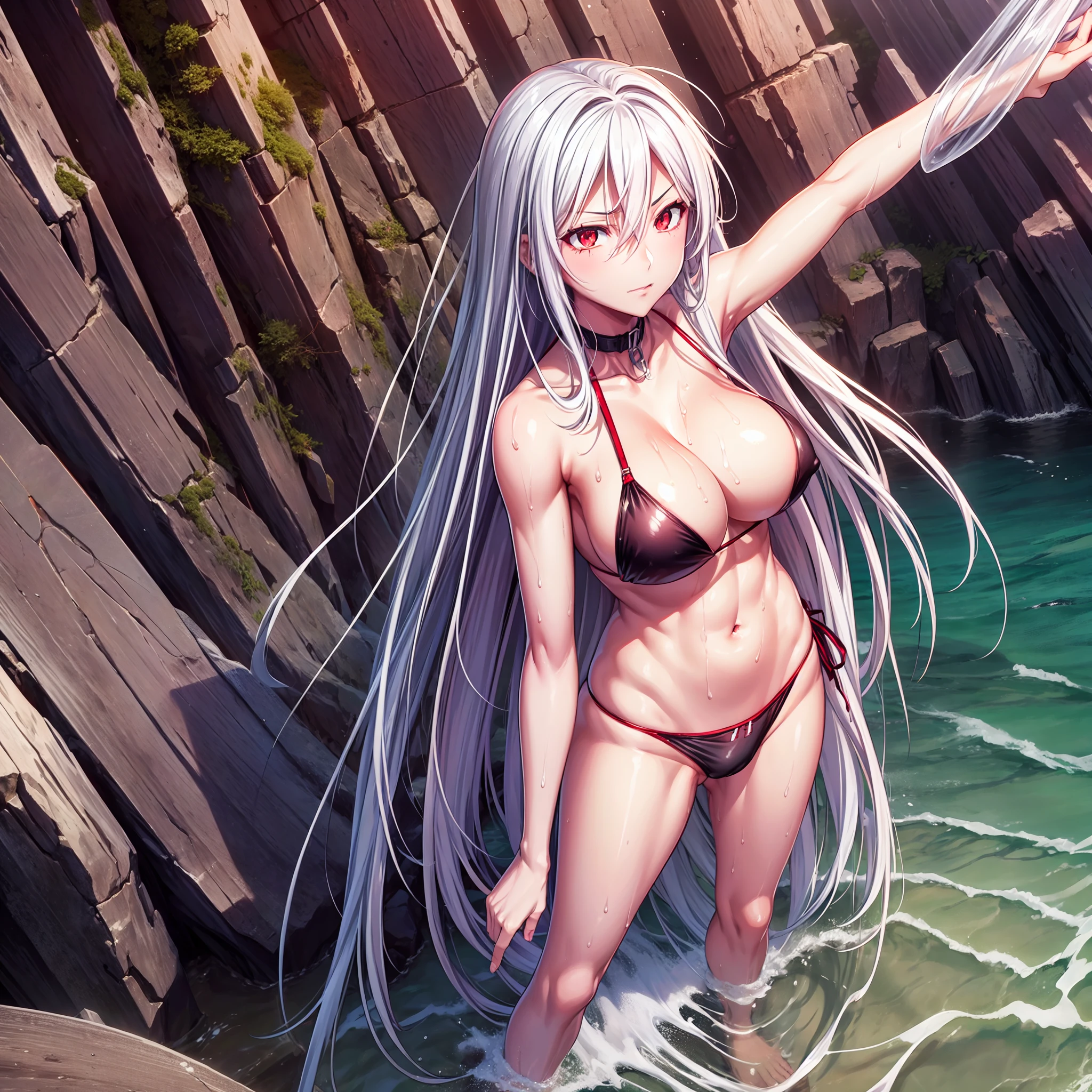 1 girl, moka akashiya, long silver hair, red eyes with slit pupils, large breast, black bikini, standing, beach, wet, nipple perked out from under bikini,