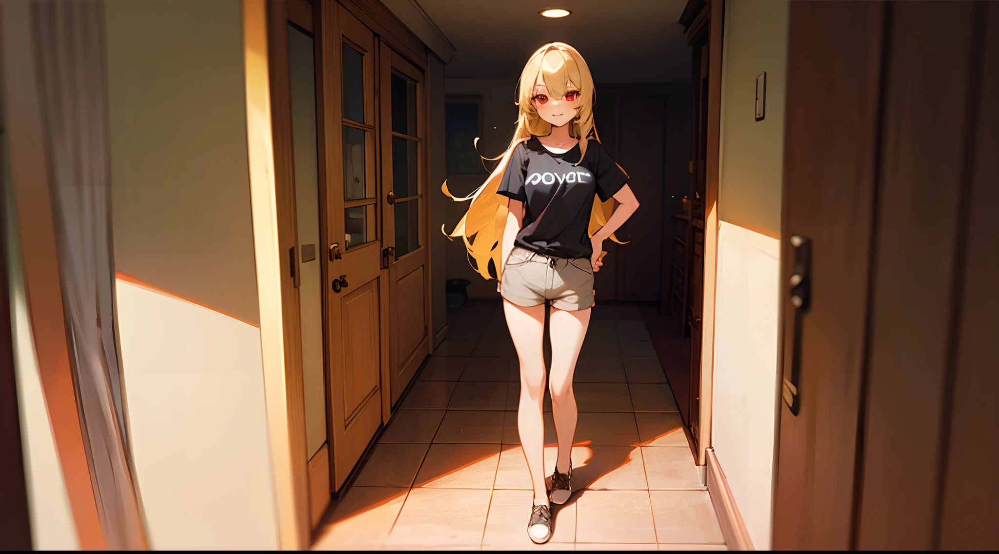 Best Quality, Detailed, 8K, 4K, Detailed beautiful girl, top-quality, hight resolution, Blonde long hair, Casual T-shirt and shorts, Man's room, Devil's Daughter, Single, Red Eyes, Standing posture, a smile,