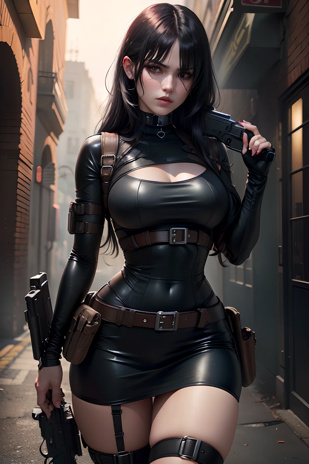 Resident evil long black hair with bangs goth girl with holding holding a gun