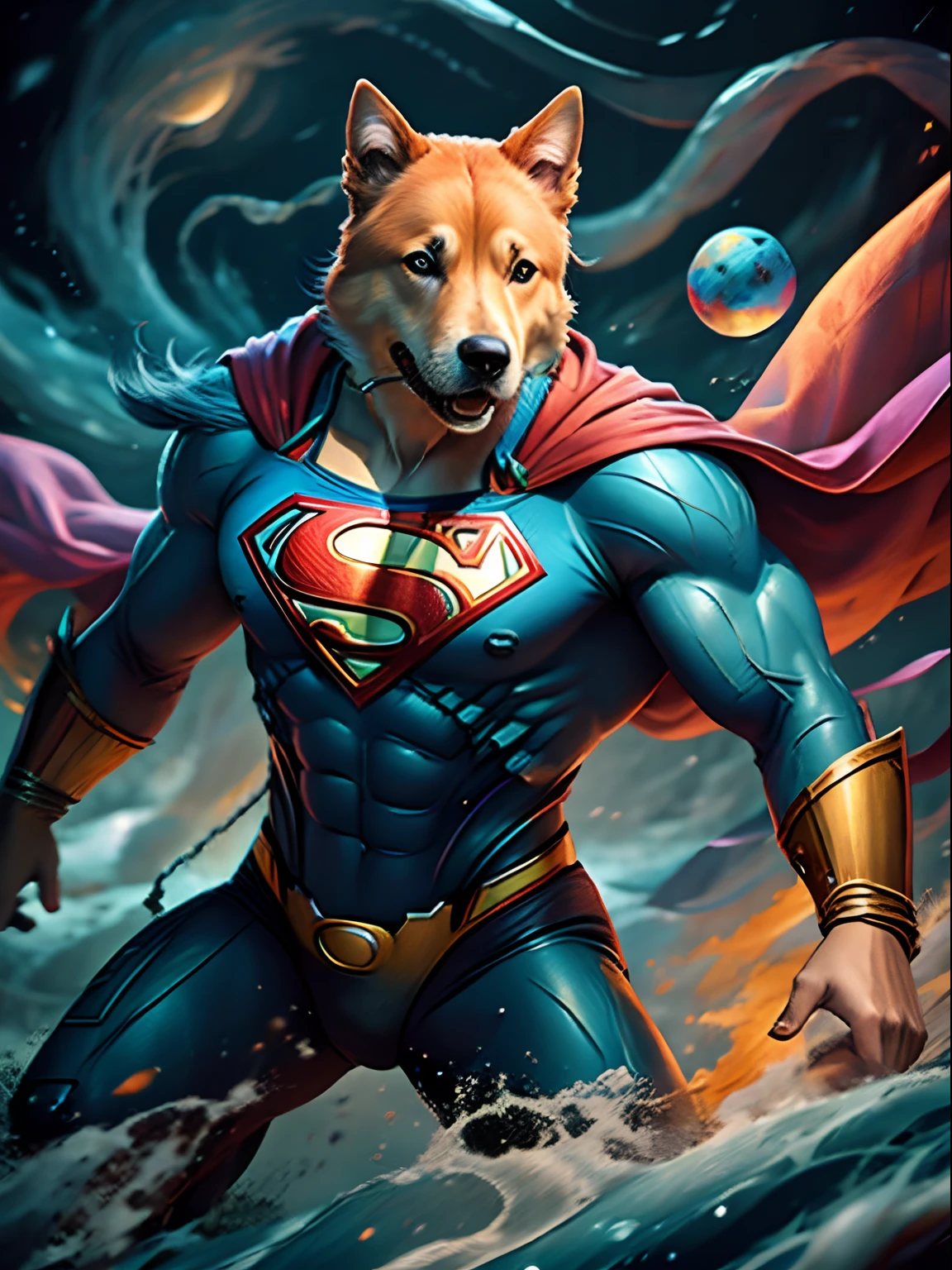 "A hyperrealistic, hyper-detailed, and hyper-sharp painting of a colorful dog as Superman on a black background with magical elements, capturing a cinematic and dramatic feel."