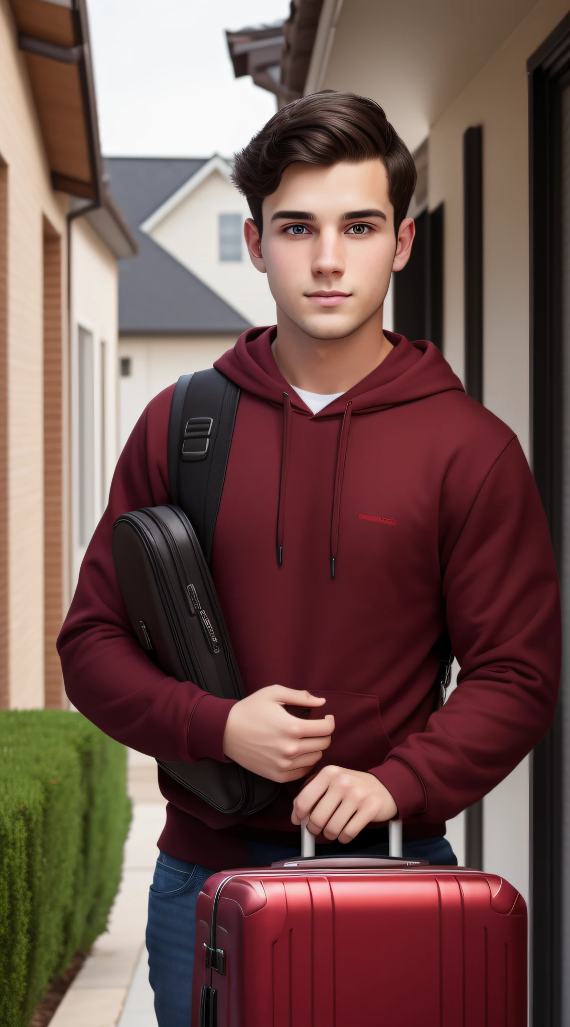 a young Caucasian man, 25 years old, dark hair in front of his house holding a suitcase, wearing a red sweatshirt, direct eye contact with the camera, close-up image, blurred background
