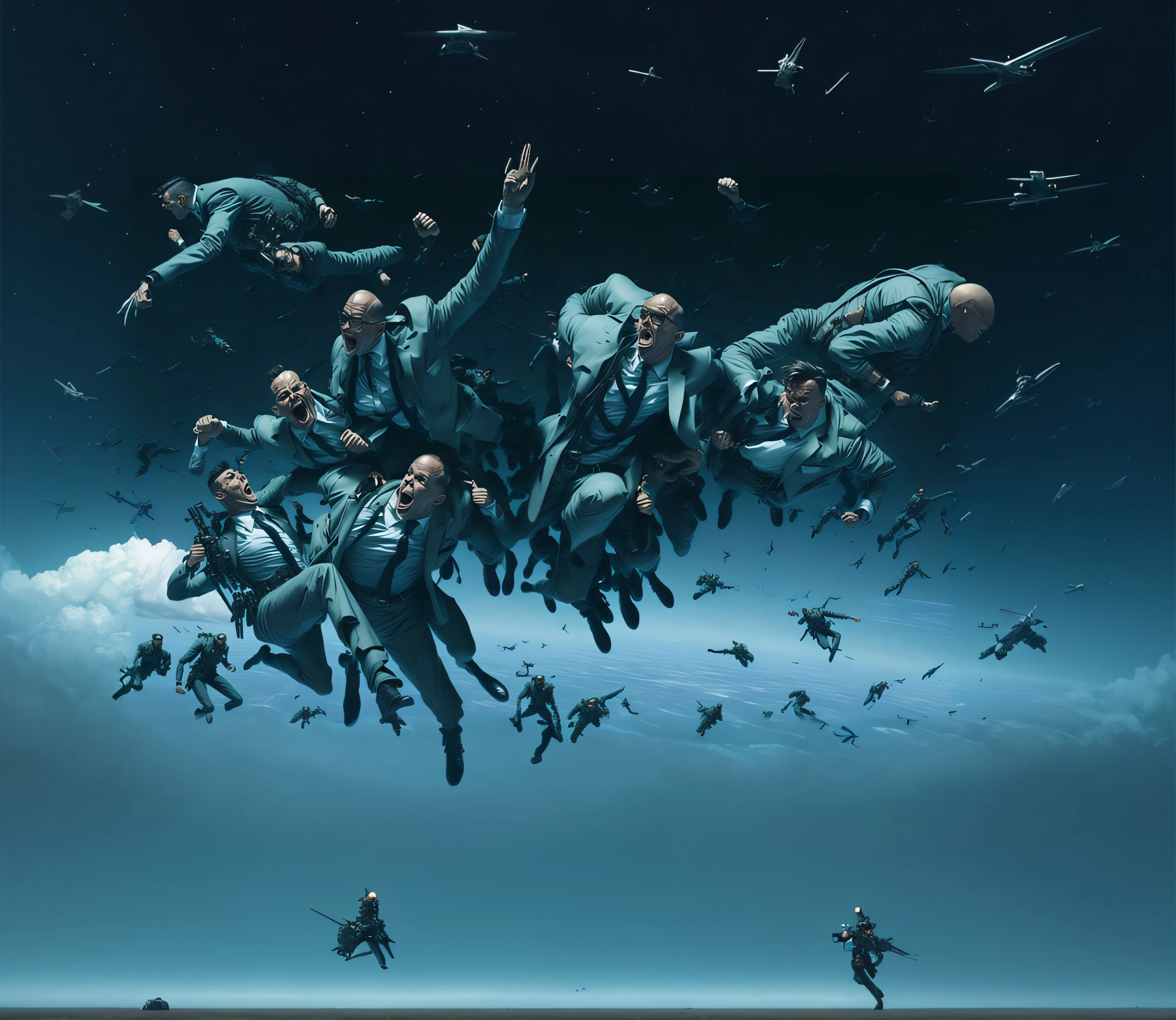 Hay muchos hombres en traje volando por el aire, simon stålenhag. Arte digital, por Fei Danxu, por Jeremy Geddes, Fondo de pantalla HD, creative photo manipulation, surrealist photography, an epic scifi movie still, dramatic sci-fi movie still, epic surrealism, Impresionantes efectos visuales, highly cinematic, Arte conceptual surrealista, Alexey Egorov