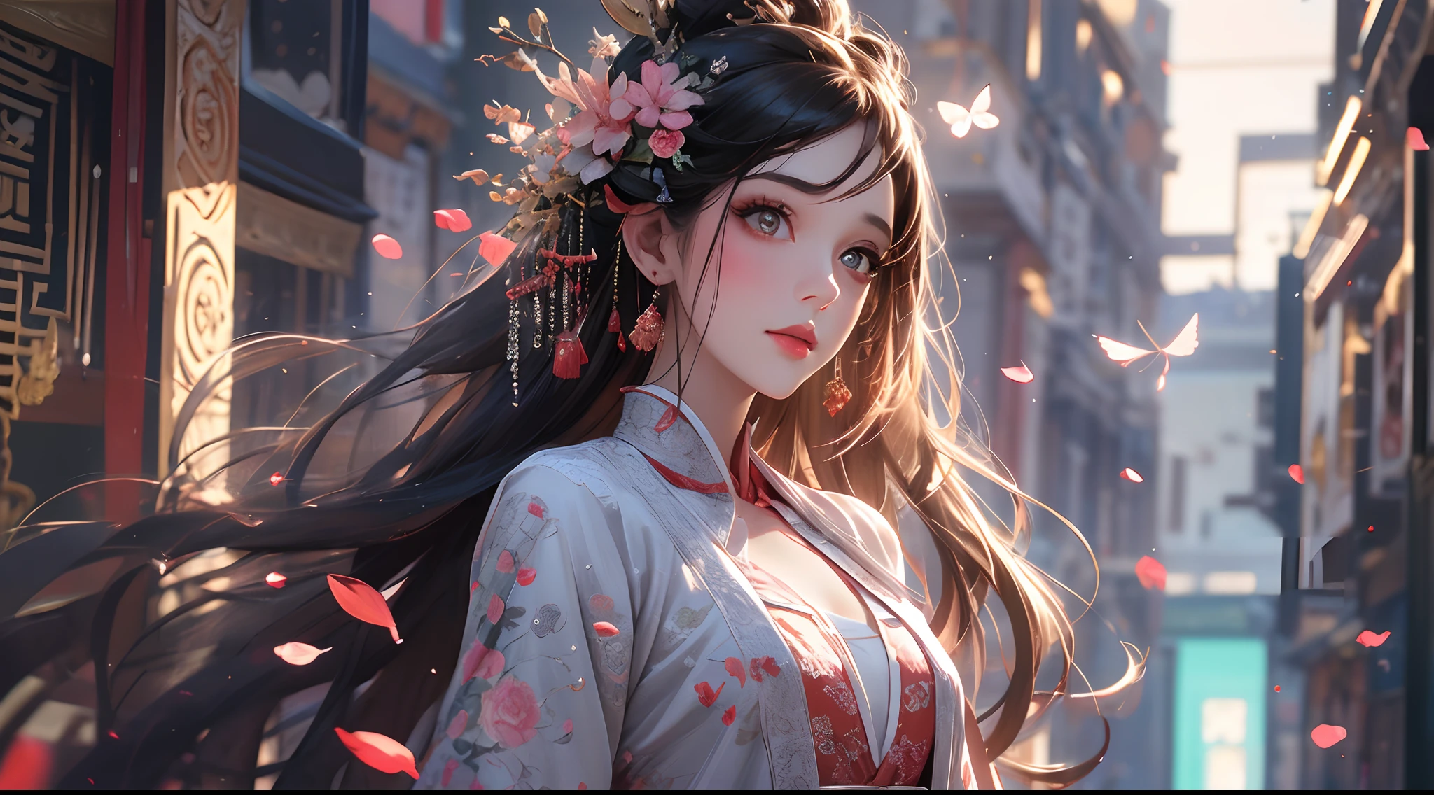 ((best qualtiy)), ((tmasterpiece)), (detail:1.4), Beautiful cyberpunk female images,hdr(HighDynamicRange),Ray traching,NVIDIA RTX,Hyper-Resolution,illusory 5,sub surface scattering,PBR textures,post-proces,Anisotropy Filtering,depth of fields,maximum definition and sharpness,Many-Layer Textures,Albedo e mapas Speculares,Surface coloring,Mitsu-Accurate simulation of material interactions,perfectly proportioned,rendering by octane,Two-colored light,largeaperture,Low ISO,White balance,Rule three points、8K raw data、Beautiful bright blue pupils,((perfect women figure)),Fine pupils,Delicate face and eyes,long eyelasher,Blushlush,Delicate and fluffy hair,pink lip,Pure,Cute face,Sweet girl,Artistic sense,Casual wear,Advancedsense,butterflys,Cherry blossom petal,Beautiful hair accessories,Long hair and waist,Hair fluttering in the wind,wedding gown,cabelos preto e longos,red color Hanfu