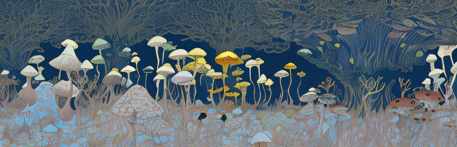 There are many different types of plants in this photo, underwater mushroom forest, psychedelic mushrooms dream, Mushroom forest, mushroom city, forest made of mushrooms, Cogumelos, Inspired by Yuko Shimizu, cogumelo trippy, psychedelic illustrations, mushroom fractals, overgrown with funghi, inspired by Georges Lacombe, mushroom trees, Fractal fungi
