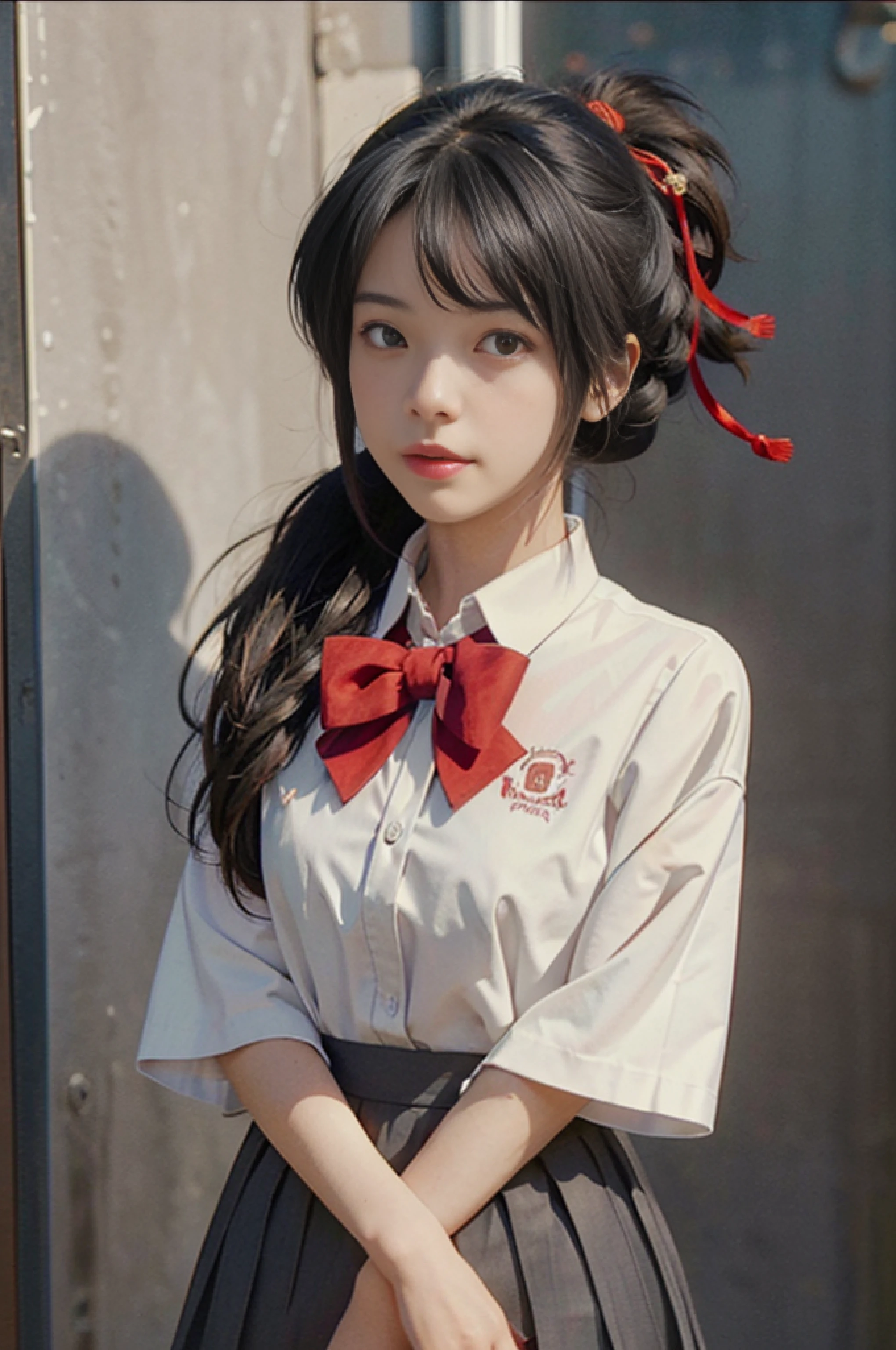 8k, raw camera, highres, detailed, masterpiece, portrait, photorealistic, hyperrealist, aesthetic, beautiful, best quality, highly detaile, best quality clothing, aesthetic clothings, professional angle, rule of thirds, Feminine, delicate, beautiful, 19 years, attractive Japanese, (solo), 1 girl, (Mitsuha Miyamizu), (In Japan Street), ((Full Body)), ((From Front) Shallow Depth of Field), -, ((Happy Mood)), (Medium Hair, Black Hair), (Red Ribbon Hair, Tied Hair, Bangs and Locks Hair, Straight Hair), ((-)), (Brown Eyes, Open Eyes, Cheerful Gaze), (-, Arms Down, Hands Down), ((Standing Still), Closed Mouth), -, -, (Small Bust), ((White Button Down Shirt, Black School Skirt)), (Red Bowtie, -), (Short Sleeves), beautiful body, beautiful eyes, shiny eyes, shiny hair, beautiful mouth, beautiful lips, beautiful skin, beautiful face