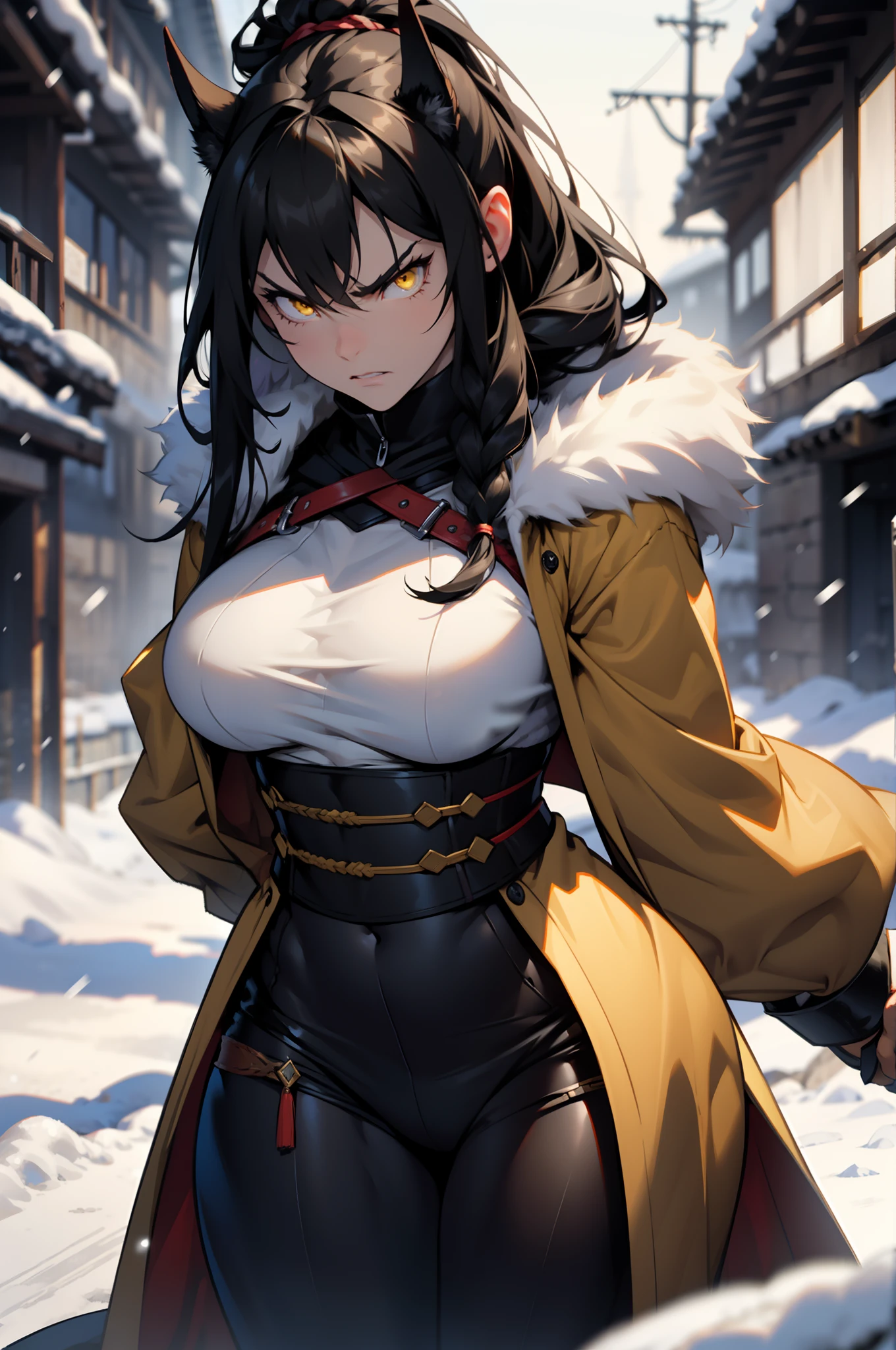 ((((muscular)))), wide hips, large breasts, (angry), 1 girl, very long hair, black hair, yellow eyes, pale skin, fur trim coat, snow, ((blurry background)), viking