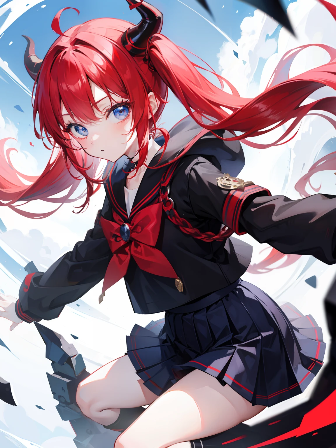 red hair, blue eyes, twintails, Sailor suit,black coat, Dragon horns,Pleated skirt,solo,loli,cute,bow