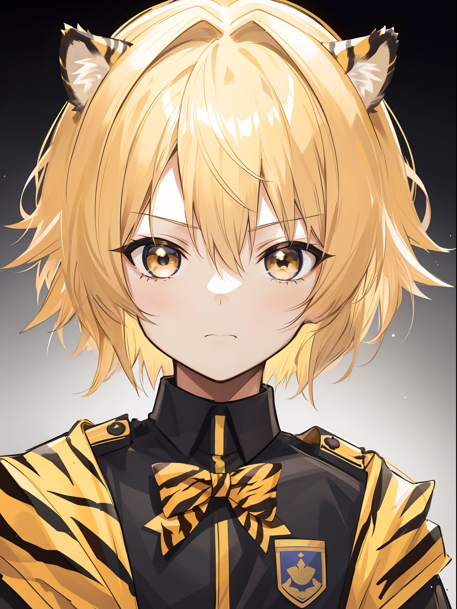 1 little boy，extra very short hair，Blonde hair dyed brown，There are tiger ears on the head，Pride，Raise an eyebrow，Little tiger tooth，Wearing a black close-fitting uniform，Noble feeling，Close-up portrait of the face
