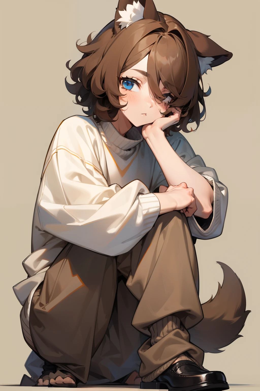 masterpiece, best quality,8k, perfect face, expressive eyes, dogboy, 1boy,(parted bangs), ouji lolita, prince, floppy folded dog ears, dog tail, short hair, curly hair, brown hair, fluffy hair, tan skin, kawaii, full body, feminine, male focus, 1boy, blue eyes, (oversized sweater:1.2), (adoptable character:1.0), simple background, solo, (bangs covering eyes)