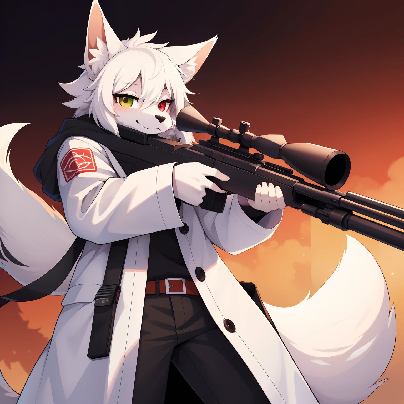 Furry art,(anthro,Fluffy fur,Character focus:1.1),by Dagasi, Yupa，The eyes have black and red heterochromia，White fur，White trench coat，coyote，holding the sniper rifle，solo person，sniper，demon tail