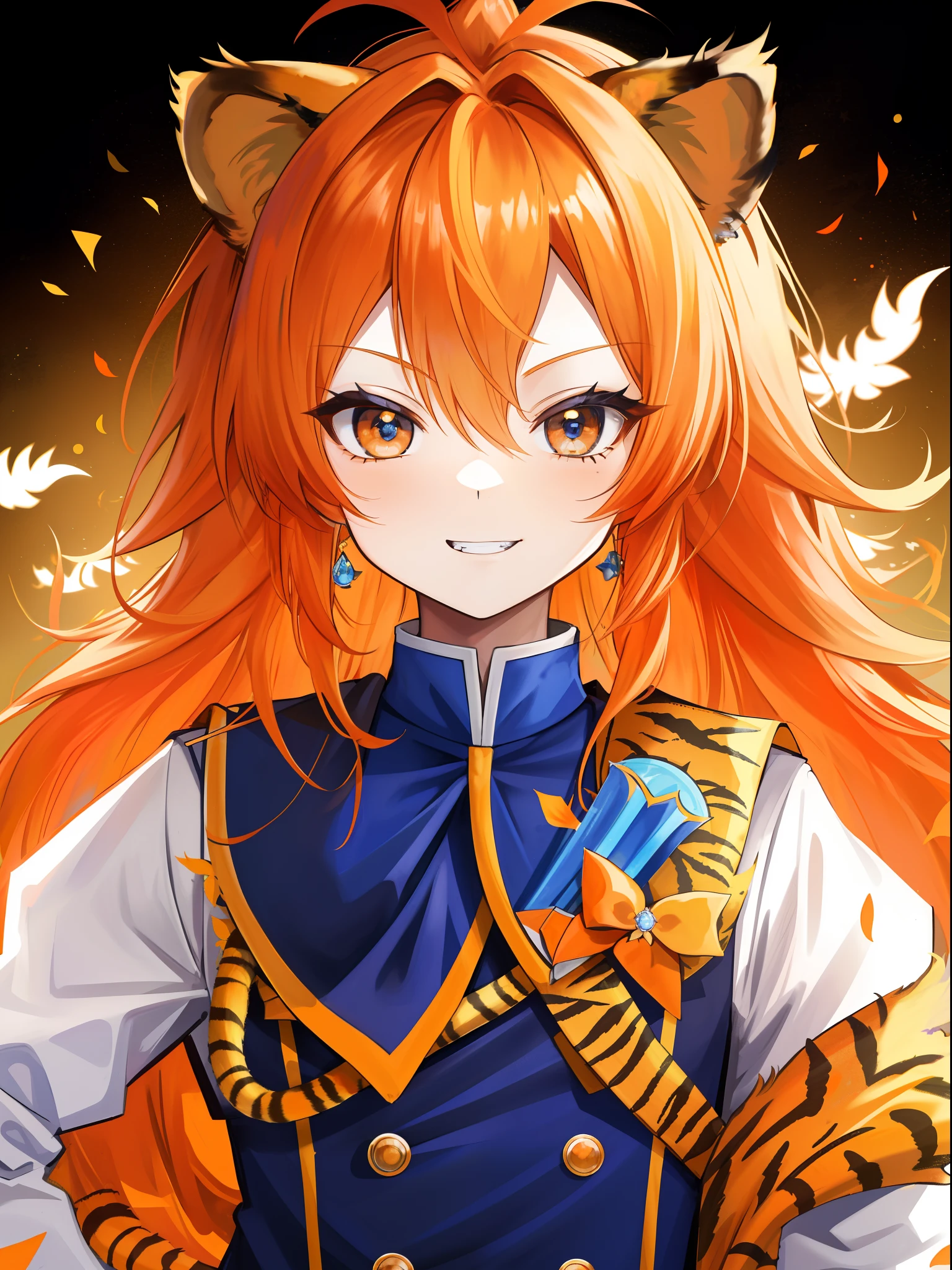 1 ,Orange hair,There are lion's ears on the head,The shawl hair resembles a lion's mane,Pride,Raise an eyebrow,Toothy smile,Little tiger tooth,Wearing a blue royal style uniform,Noble feeling,Close-up portrait of the face