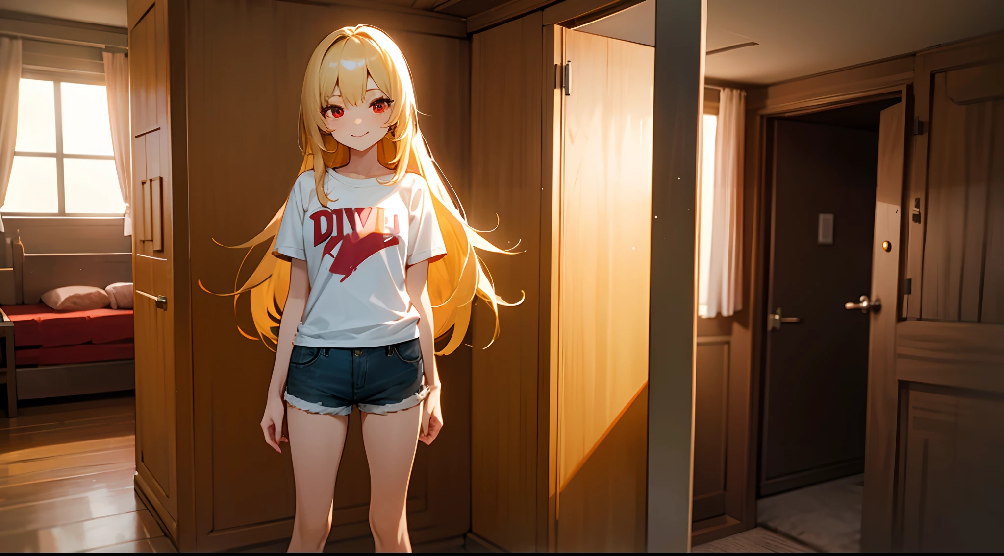 Best Quality, Detailed, 8K, 4K, Detailed beautiful girl, top-quality, hight resolution, Blonde long hair, Casual T-shirt and shorts, Man's room, Devil's Daughter, Single, Red Eyes, Standing posture, A smile,