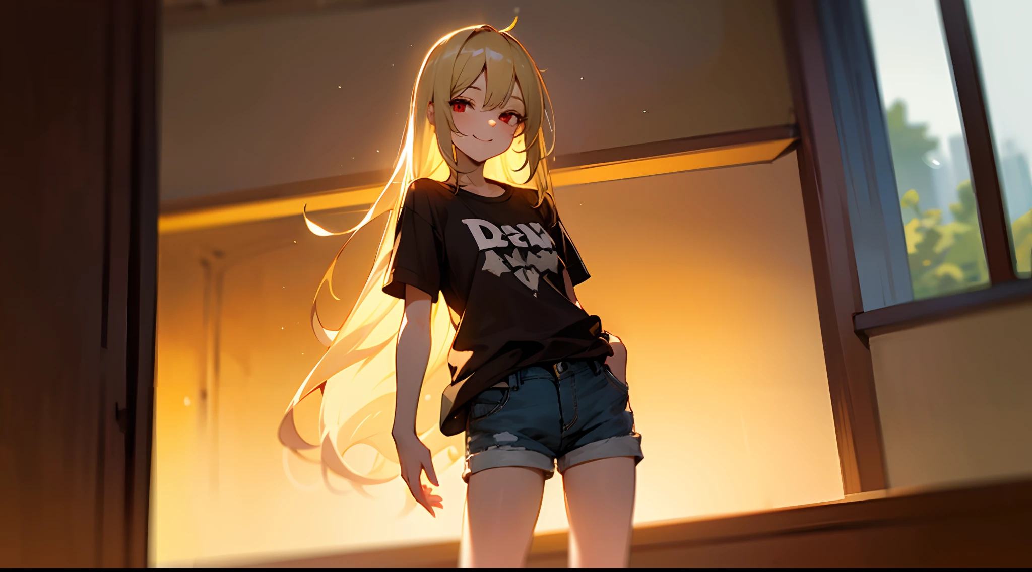 Best Quality, Detailed, 8K, 4K, Detailed beautiful girl, top-quality, hight resolution, Blonde long hair, Casual T-shirt and shorts,  Man's room, Devil's Daughter, Single, Red Eyes, Standing posture, A smile,