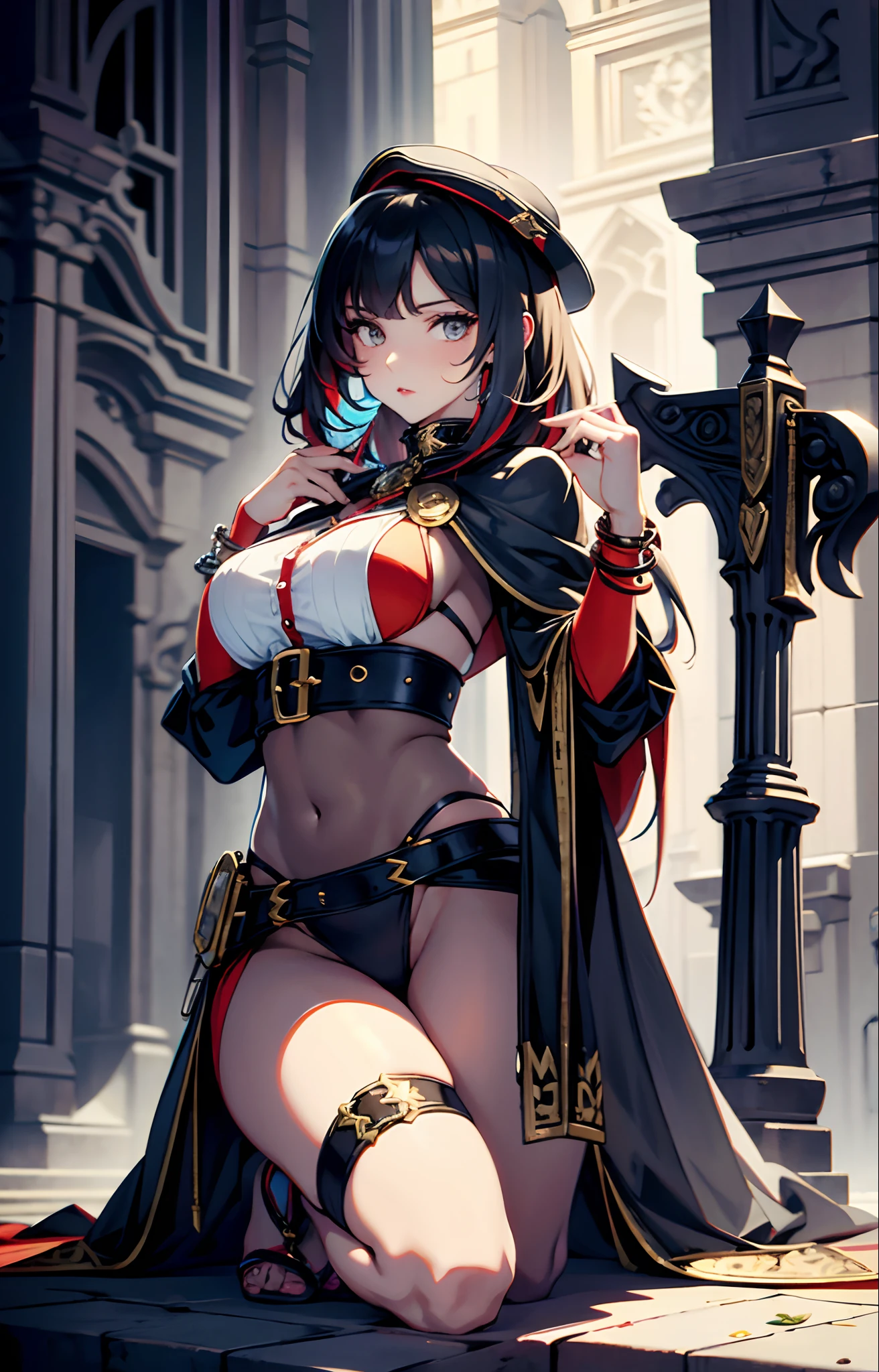 best qualityer，tmasterpiece，Ultimate resolution，downy，Extremely colorful，mature pretty woman，（guillotine，behead）（Kneeling pose）（Point at you with your ass），solo person，Upper body nudity，Beauty severed head，Normal posture，Redlip，shackle，guillotine，behead，Collar，handcuff，Anklets，Normal posture