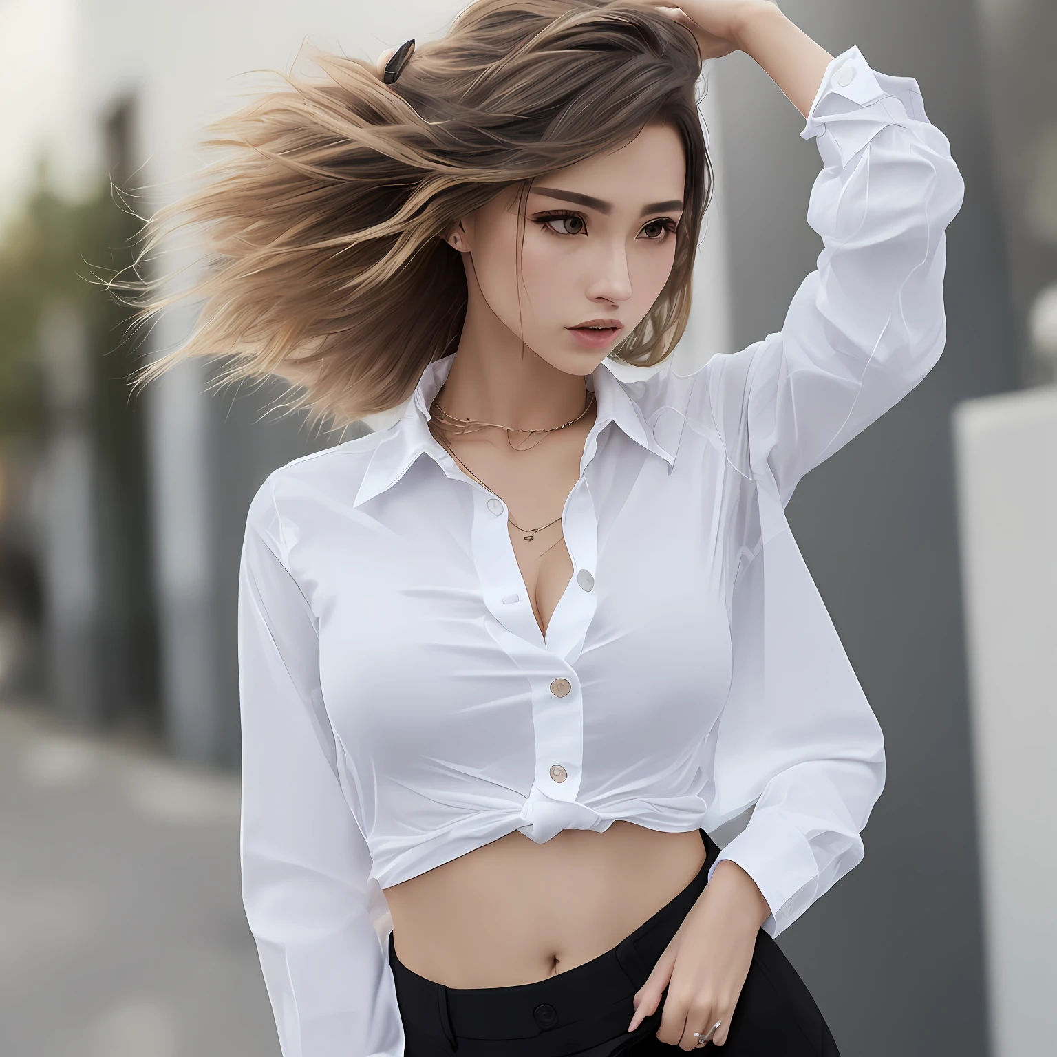 ((realistic lighting、qualidade superior、8k、obra prima:1.3))、Clear focus:1.2、 com、perfectbodybeauty:1.4、abdominais finos e definidos:1.1、((Cabelos castanhos escuros、Big:1.3))、(acceleration:1.4)、quebrar、alto:1.3、(Rosto esguio、Olhos estreitos:1.2)、((comprimento do cabelo:1.4))、Double eyelidm、hair swaying、clivagem exposta、(White long button-down shirt:1.1、black office suit、uma minissaia、no-bra、Peito Inferior)、um colar、Navel Ejection、Expression of melancholy、