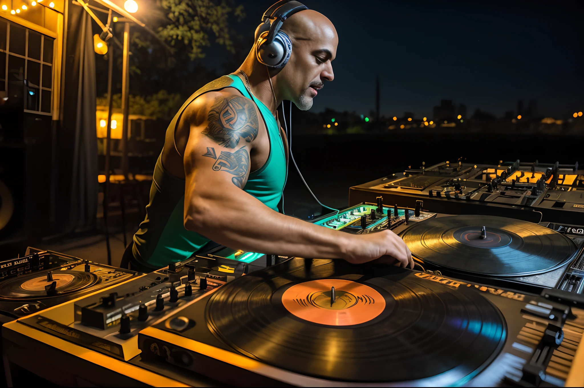 (a high resolution photo) of a dynamic and energetic, vibrant atmosphere. award winning full body, side view, portrait photo (An attractive tall mid-age bald Strong, muscular), ((DJ playing records:1.3), playing live)), (bokeh:0.7), telephoto, moonlit, gritty atmosphere, backyard night exterior, realistic, intricate details, true aged skin texture.