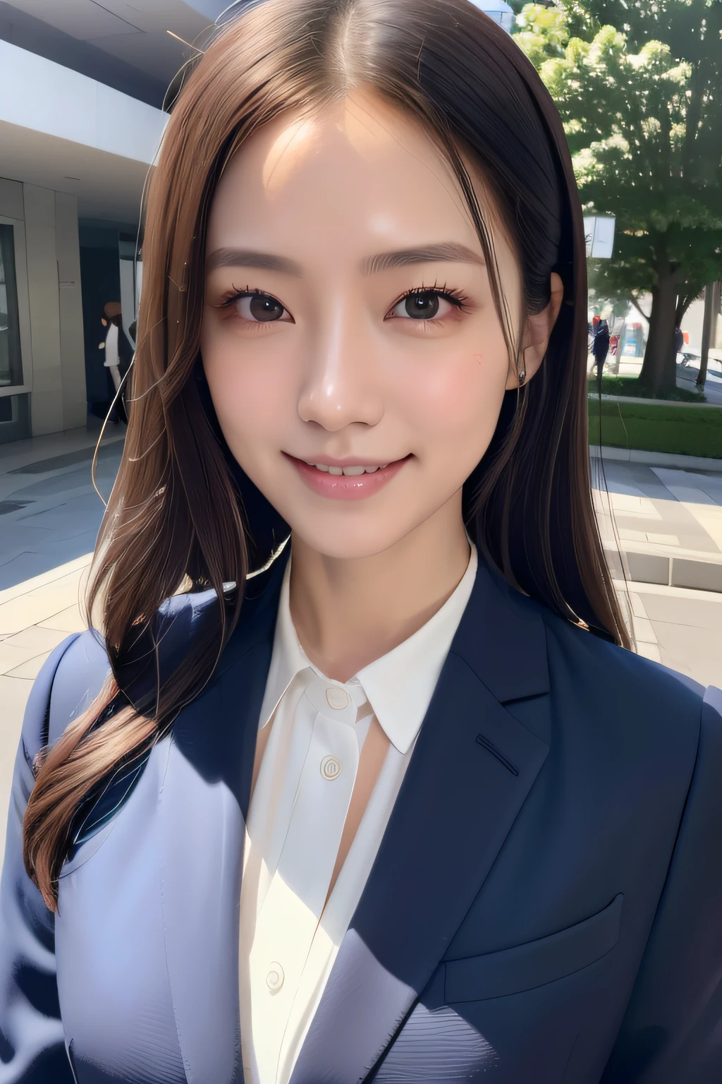 best qualtiy、Photorealsitic、8K、hight resolution、女の子 1 人、femele、(Dents in the skin)、(profetional lighting)、((looking looking at viewer:1.6)) 、(Looking at the camera)、A pair of enchanting Danfen eyes,High Nose,delicate nose,lips are cherry red,Moisturized lips,Perfect symmetry face,Natural smile、Close-up photos、Stand straight、masterpiece、Convoluted、foco nítido、awardwinning photo、s Office、Black Recruit Suit、Upper body portrait、Seminar Lecturer、独奏