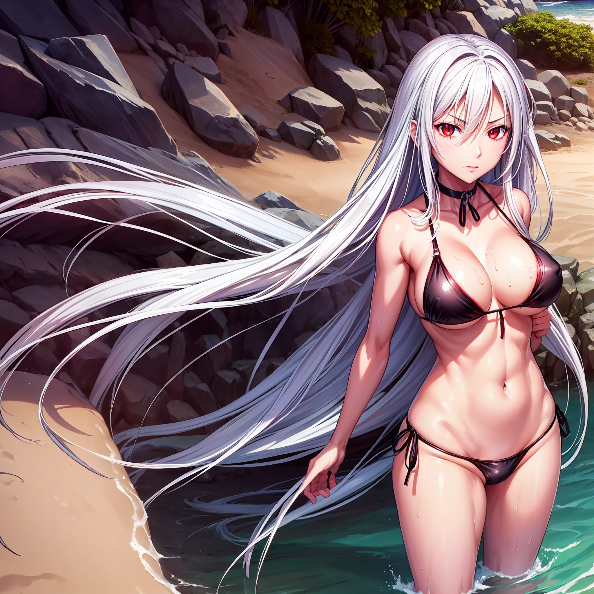1 girl, moka akashiya, long silver hair, red eyes with slit pupils, large breast, black bikini, standing, beach, wet, nipple perked out from under bikini,