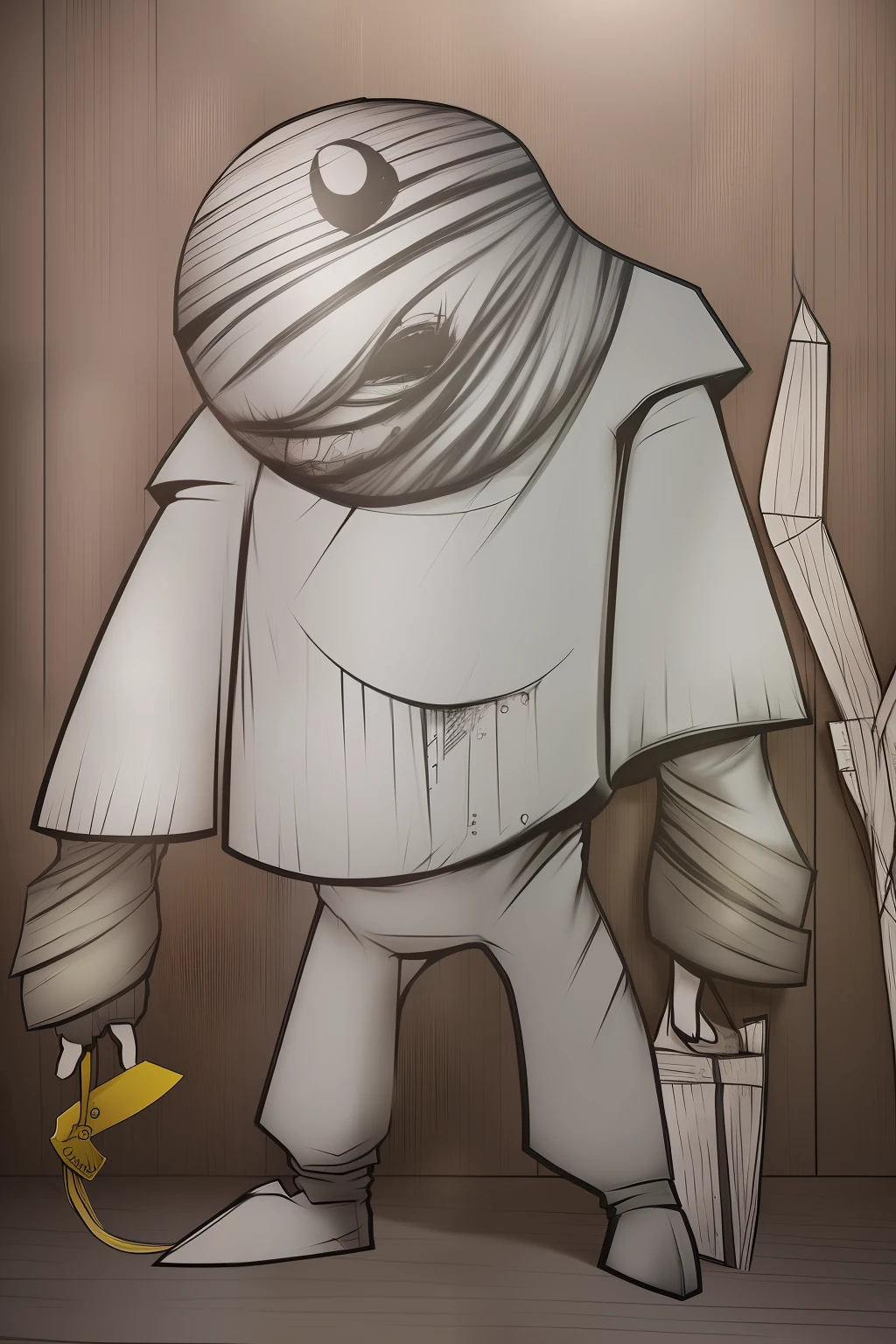 ((melhor qualidade)), ((obra-prima)), ((desenho realista)), ((Personagem perfeito)) Discomfort beyond the eye, a bizarre-looking and completely patched up monster, his skin is all white. He wears a gray sheet that looks out of place. Their presence is disturbing and causes a feeling of discomfort.