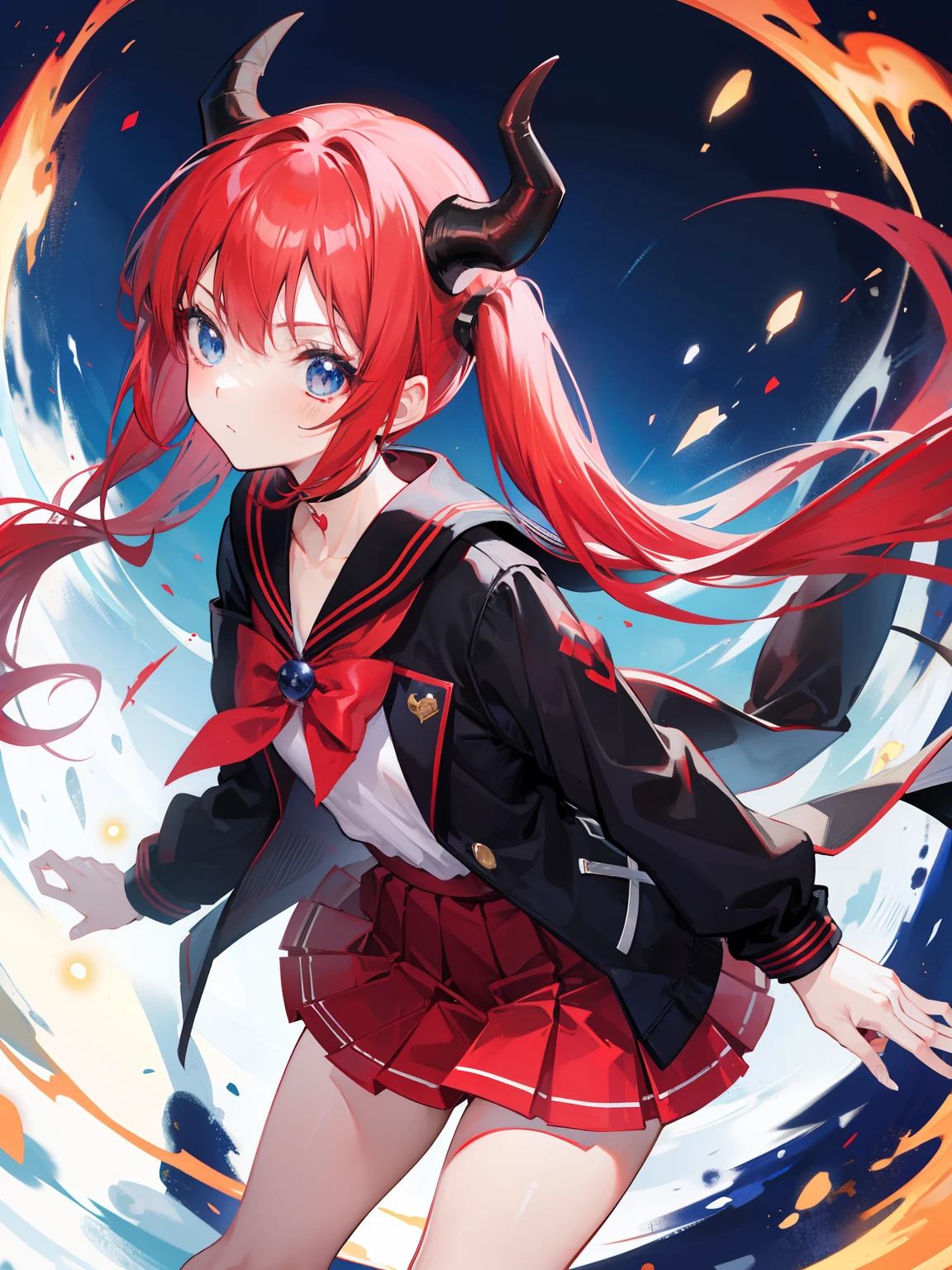 red hair, blue eyes, twintails, Sailor suit,black coat, Dragon horns,Pleated skirt,solo,loli,cute,bow