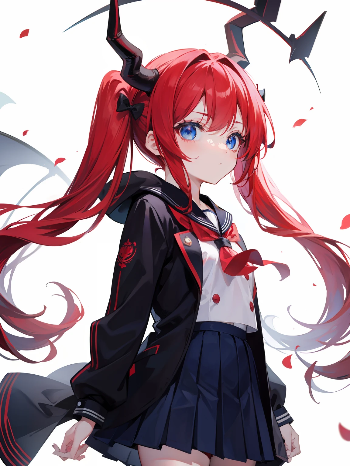 red hair, blue eyes, twintails, Sailor suit,black coat, Dragon horns,Pleated skirt,solo,loli,cute,bow