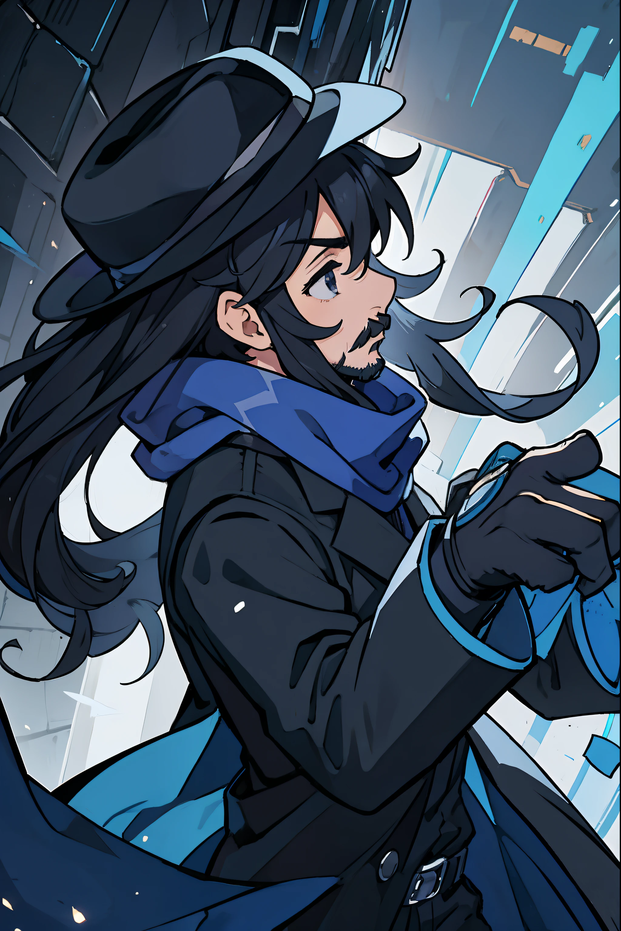 anime, man, blue scarf, black eyes, moustache, fedora, profile, black suit, black overcoat, long hair, tiny beard, black gloves