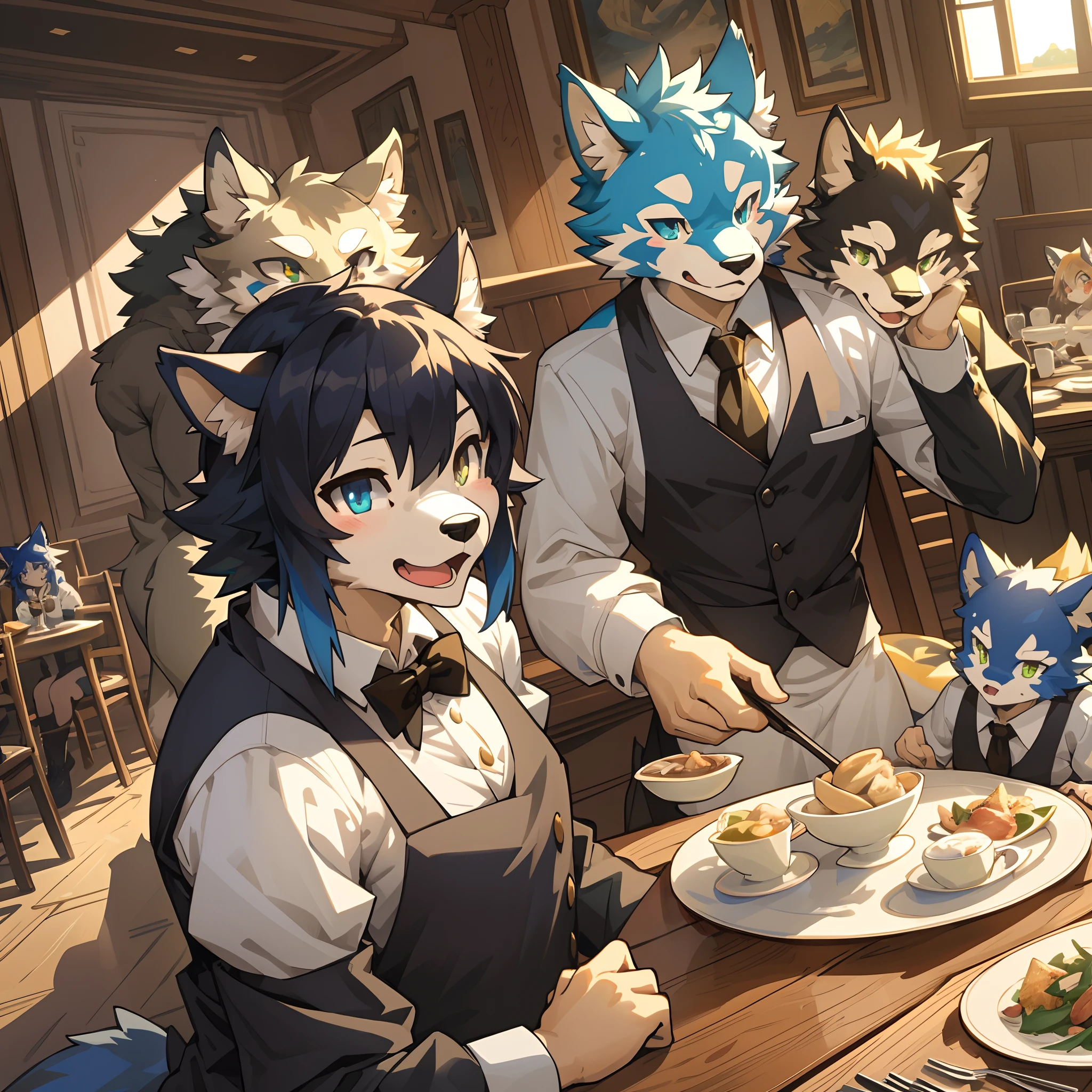 top quality, best quality, High-quality illustrations, masterpiece, super high resolution, detailed background, Casual reutaurant interior, part-time job, waiter, Butler, 6+boys, 6+girls, absurdres(highly detailed beautiful face and eyes)perfect anatomy, expression, good lighting, cinematic shadow(kemono, furry anthro)assorted poses, dynamic angle,