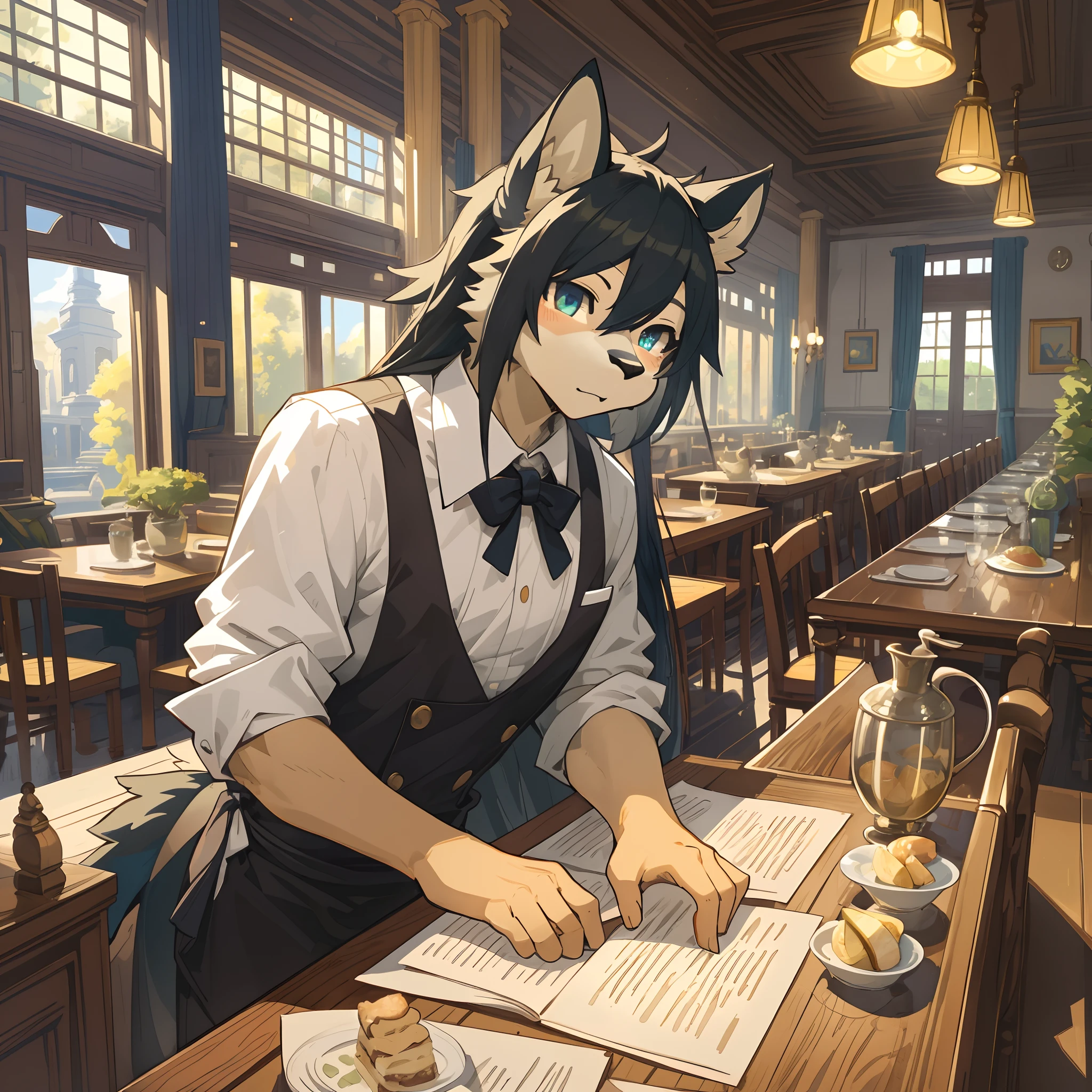 top quality, best quality, High-quality illustrations, masterpiece, super high resolution, detailed background, Casual reutaurant interior, part-time job, waiter, Butler, 6+boys, 6+girls, absurdres(highly detailed beautiful face and eyes)perfect anatomy, expression, good lighting, cinematic shadow(kemono, furry anthro)assorted poses, dynamic angle,