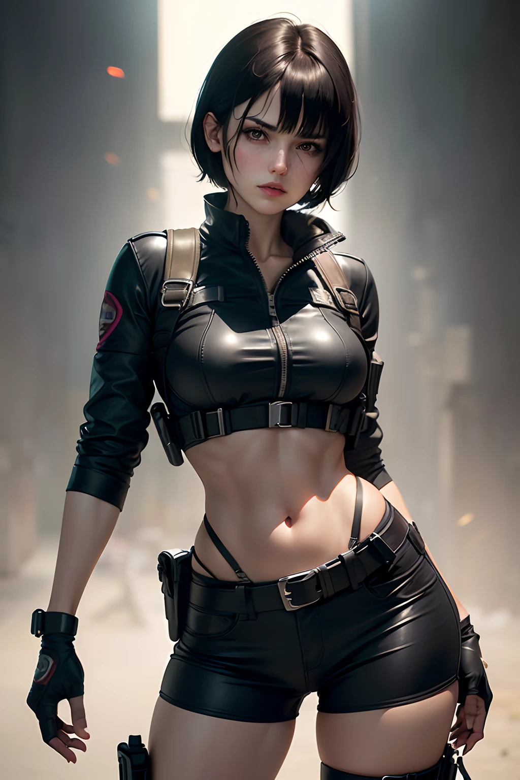 Resident Evil girl medium black hair with bangs black clothes holster holding gun