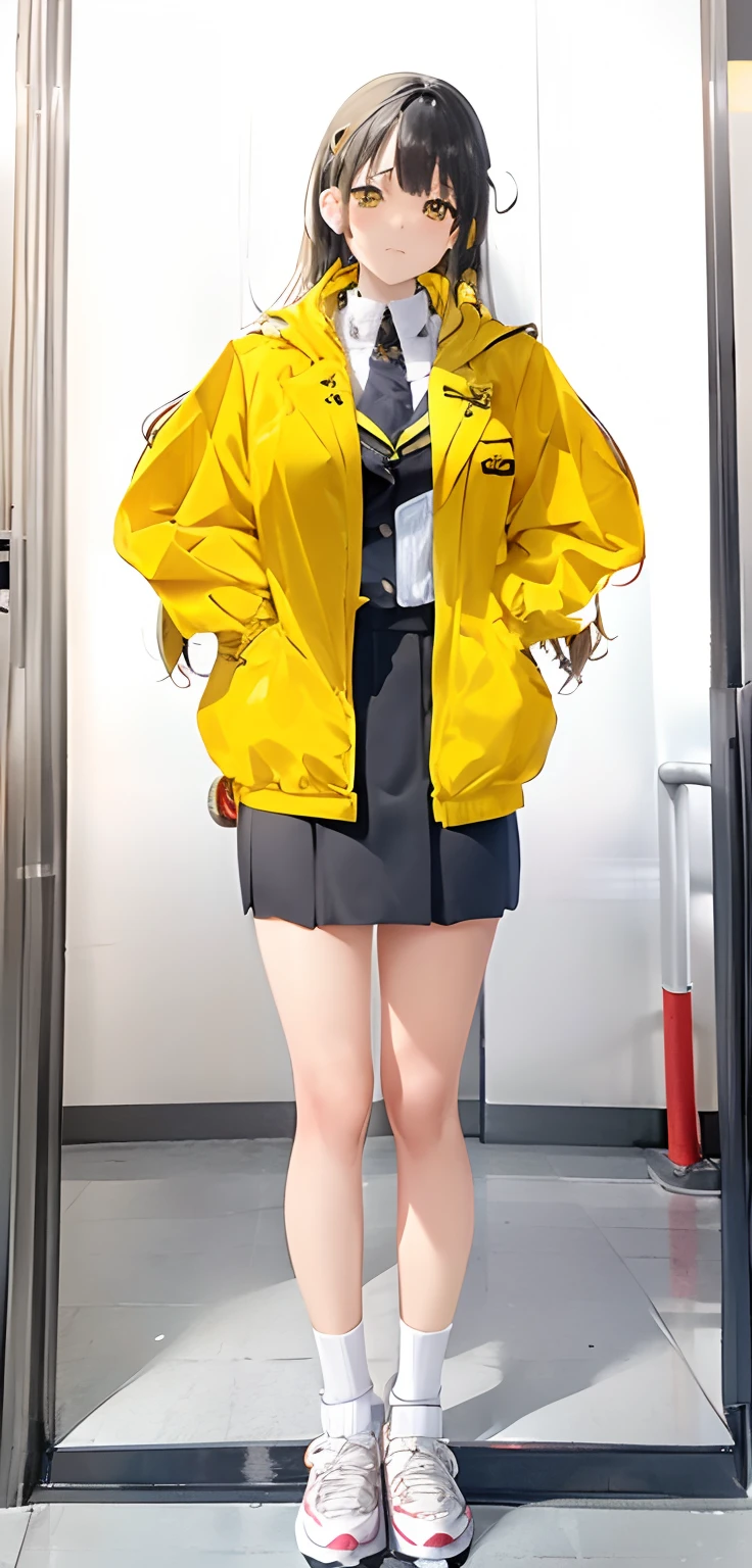 anime girl in yellow jacket and black skirt standing in front of a door, single character full body, anime full body illustration, full body portrait of a short!, full body single character, full body picture, jk uniform, anime visual of a cute girl, aya takano color style, yellow clothes, wearing jacket and skirt, anime vtuber full body model ,realistic , ultra detail
