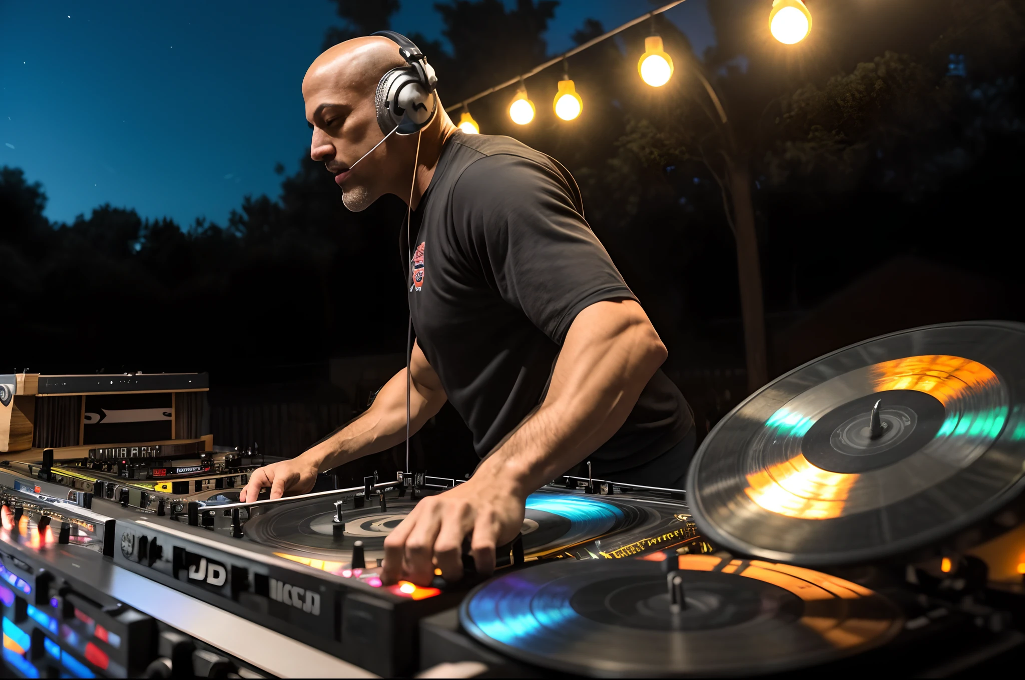 (a high resolution photo) of a dynamic and energetic, vibrant atmosphere. award winning full body, side view, portrait photo (An attractive tall mid-age bald Strong, muscular), ((DJ playing records:1.3), playing live)), (bokeh:0.7), telephoto, moonlit, gritty atmosphere, backyard night exterior, realistic, intricate details, true aged skin texture.