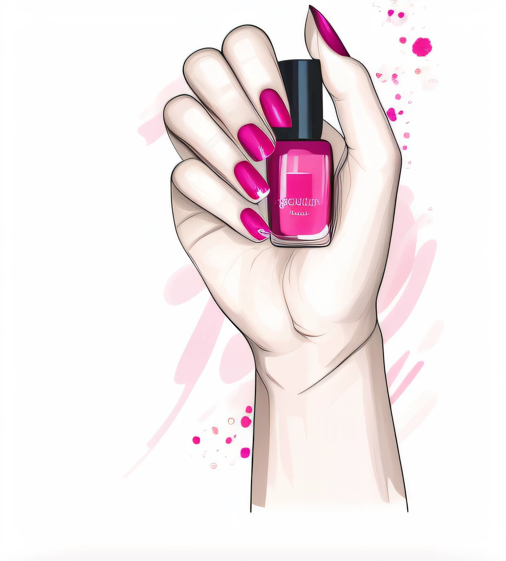 um close up de uma pessoa segurando um frasco de esmalte rosa, unhas pintadas, nail polish, in illustration style digital, hand drawn illustration, stylized digital illustration, Manicured, Artistic illustration, matte digital illustration, beautiful hands, Hand Painted Style, luxury fashion illustration, Hand - Digital Drawn Art, mixed media style illustration, a beautiful artwork illustration, perfect hands
