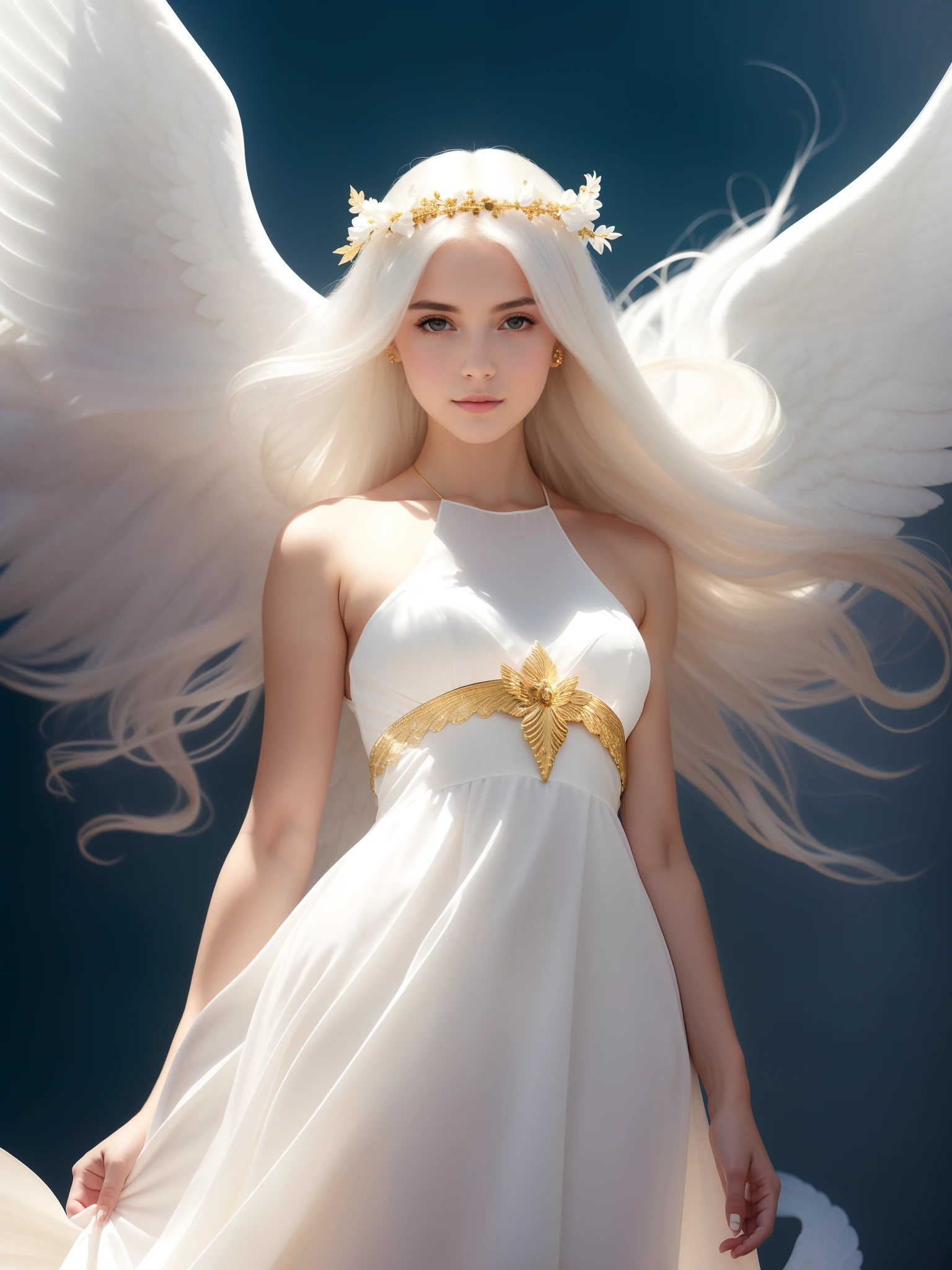 There is a woman in a white dress with white hair and gold details。, Beautiful Angel, of beautiful angel, of an beautiful angel girl, a beautiful female angel, Portrait of a beautiful angel, full - body majestic angel, To shine like an angel, tall female angel, ethereal angelic being of light, angelicales, beautiful angel girl portrait, Angel Girl, a stunning young ethereal figure