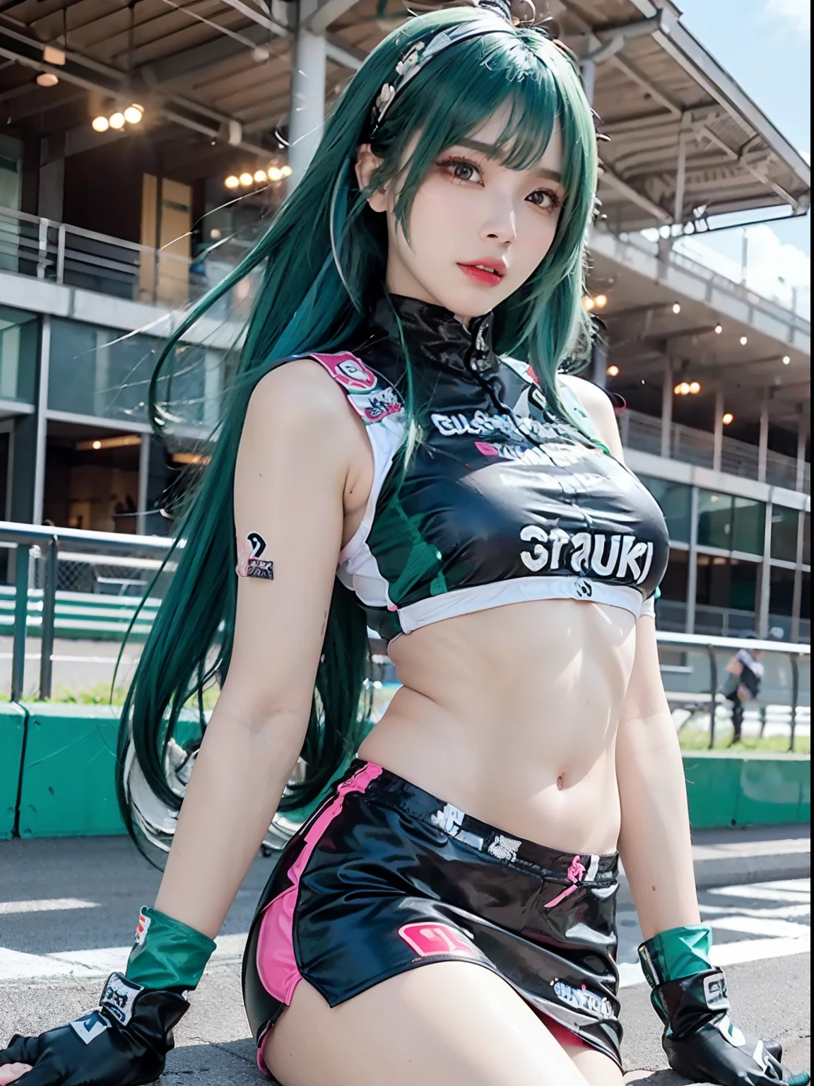 Top Quality, Ultra High Resolution, (Photorealistic: 1.4), (Pink Long Hair: 1.3), (Azure Lane\), One Girl, (Kpop Idol), Watch Audience, Detailed Face, Contrappost, Smooth Skin, Perfect Anatomy Professional Lighting, Futuristic Fashion, Streetwear, High-Tech Fabric, Racing Suit, Fireproof Material, Elbow and knee pads, racing gloves, personalized embroidery, mini skirt, belly button, long hair, emerald green hair, light blue hair, blue-green hair, Suzuka circuit, circuit home straight, race track, international circuit, supergt, big breasts, big, race queen, side tail