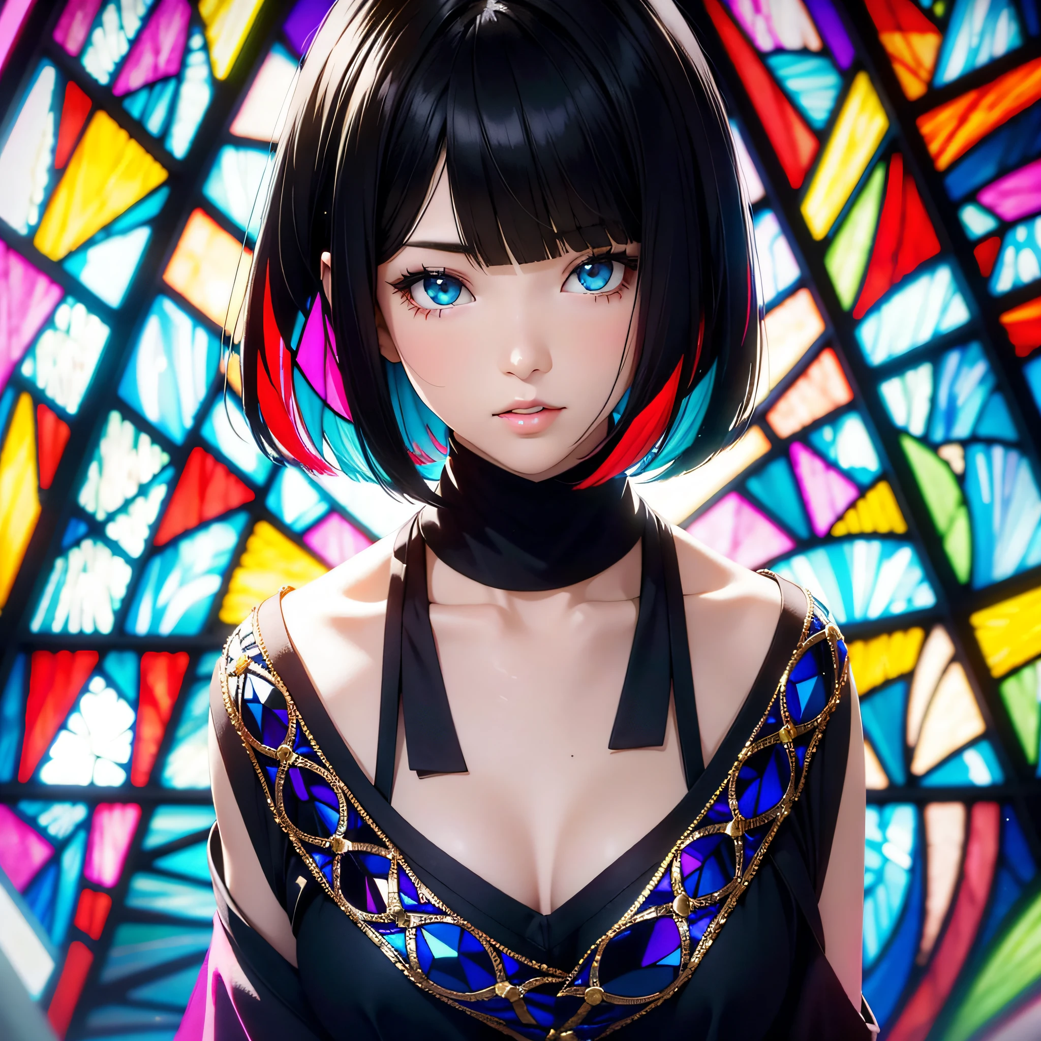 Beautiful girl with black hair bob cut expressed by stained glass、colourfull、Photorealsitic、highcontrast