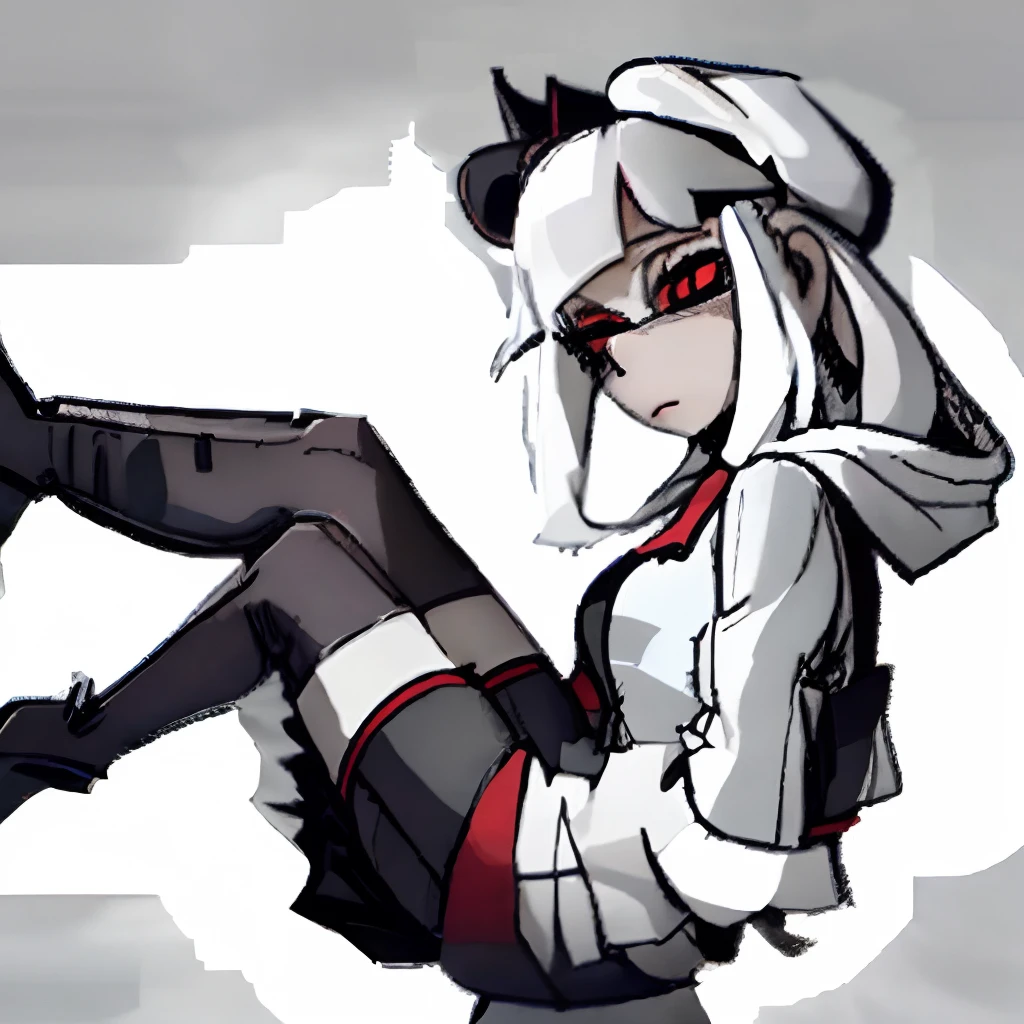 beret,Short white dress,Black sweatshirt,Red eyes,white stockings,long white hair,Cat ears,blackstockings,is shy,a cat tail