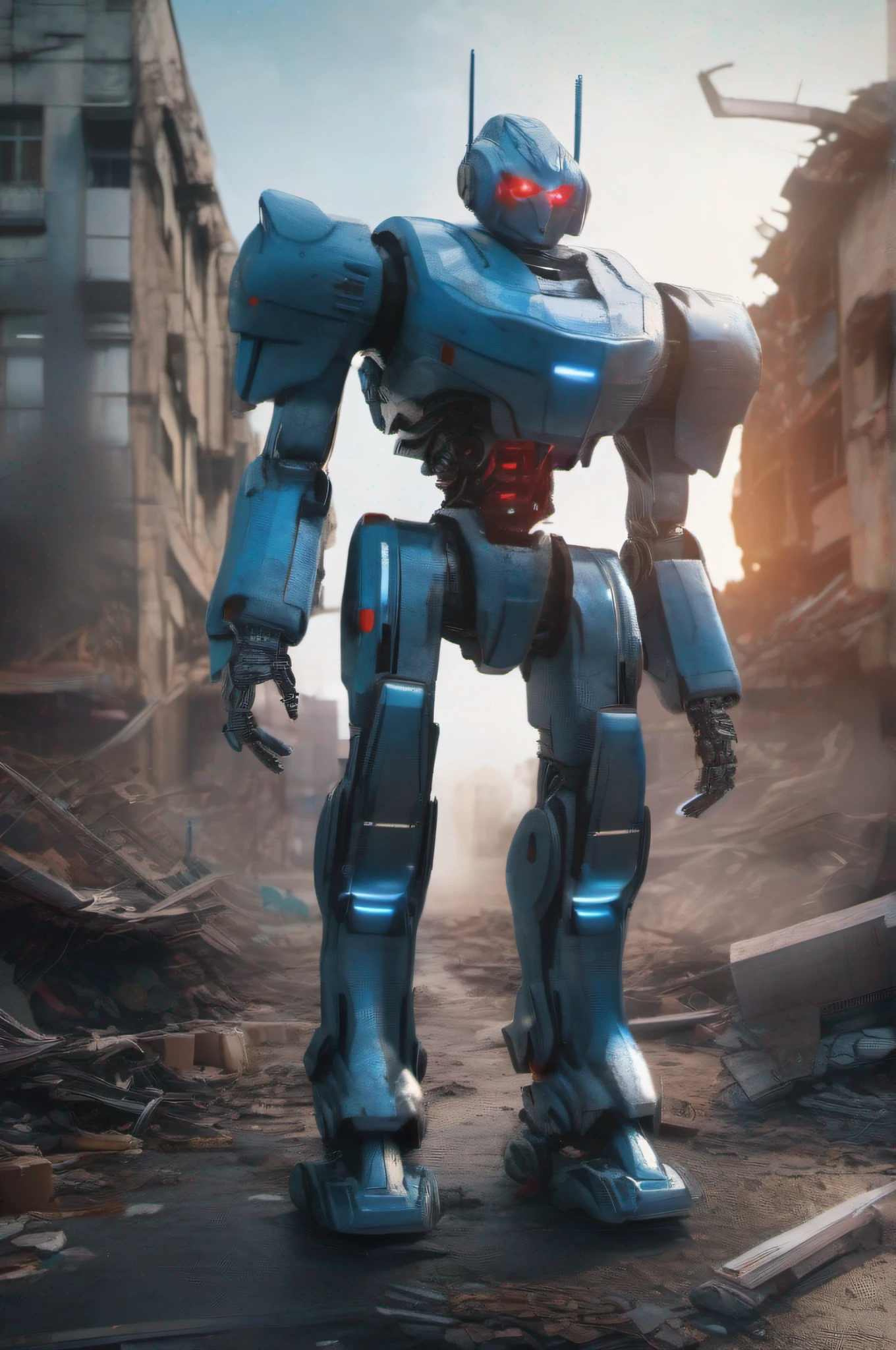 cinematic shot of a giant silver-blue android robot shooting laser beams through its red eyes, exploding cars in the middle of a half-destroyed city. 35mm photography, sharp focus, cinematic, bokeh, professional, 4k, highly detailed, perfect composition, beautiful and intricate insanely detailed octane rendering trending on artstation, artistic photography 8k, photorealistic concept art, perfect light cinematic soft natural volumetric, clear- dark, award - winning photography, masterpiece, oil on canvas, raphael, caravaggio, greg rutkowski, beeple, beksinski, giger