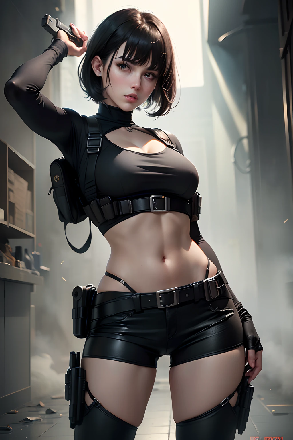 Resident Evil girl medium black hair with bangs black clothes holster holding gun