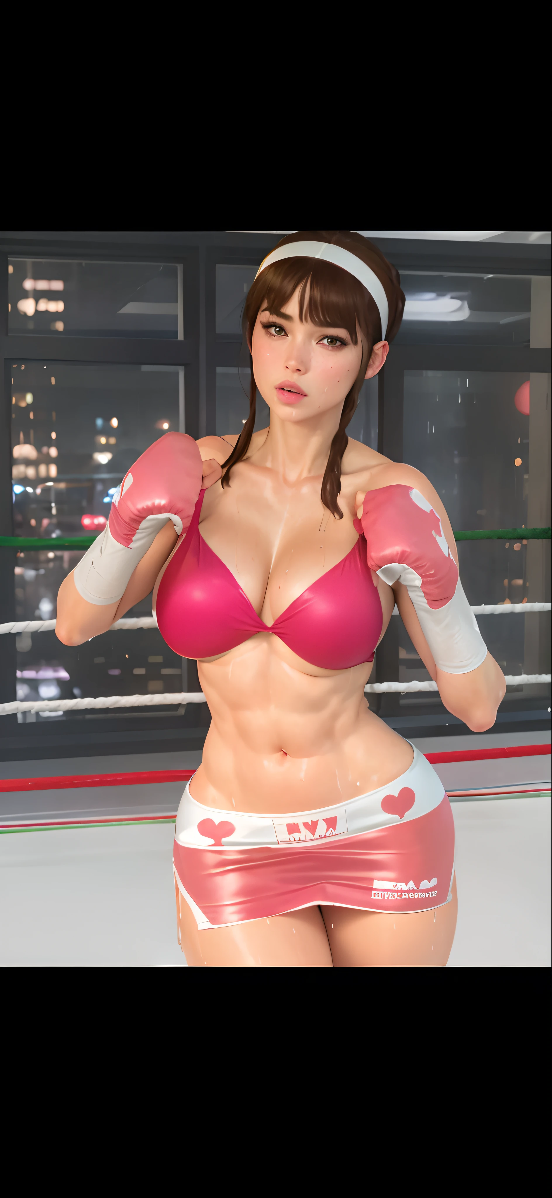 (Best quality, 4k, Masterpiece :1.3), beautiful woman, hyper realistic, 1girl, (droopy breasts, massive areola breasts pimples, attractive body :1.2, body and face all in milk), sit-ups :1.1, short red hair: 1.1, (wet rainy, wet by rain, wet body :1.2), ultra-detailed face, detailed lips, detailed eyes, double eyelid, sensual low-necked dress, open neckline, hanging breasts, side pose, visible curves, pool party, poolside, silver transparent mantle, muscular turned leg, boxing, women boxing