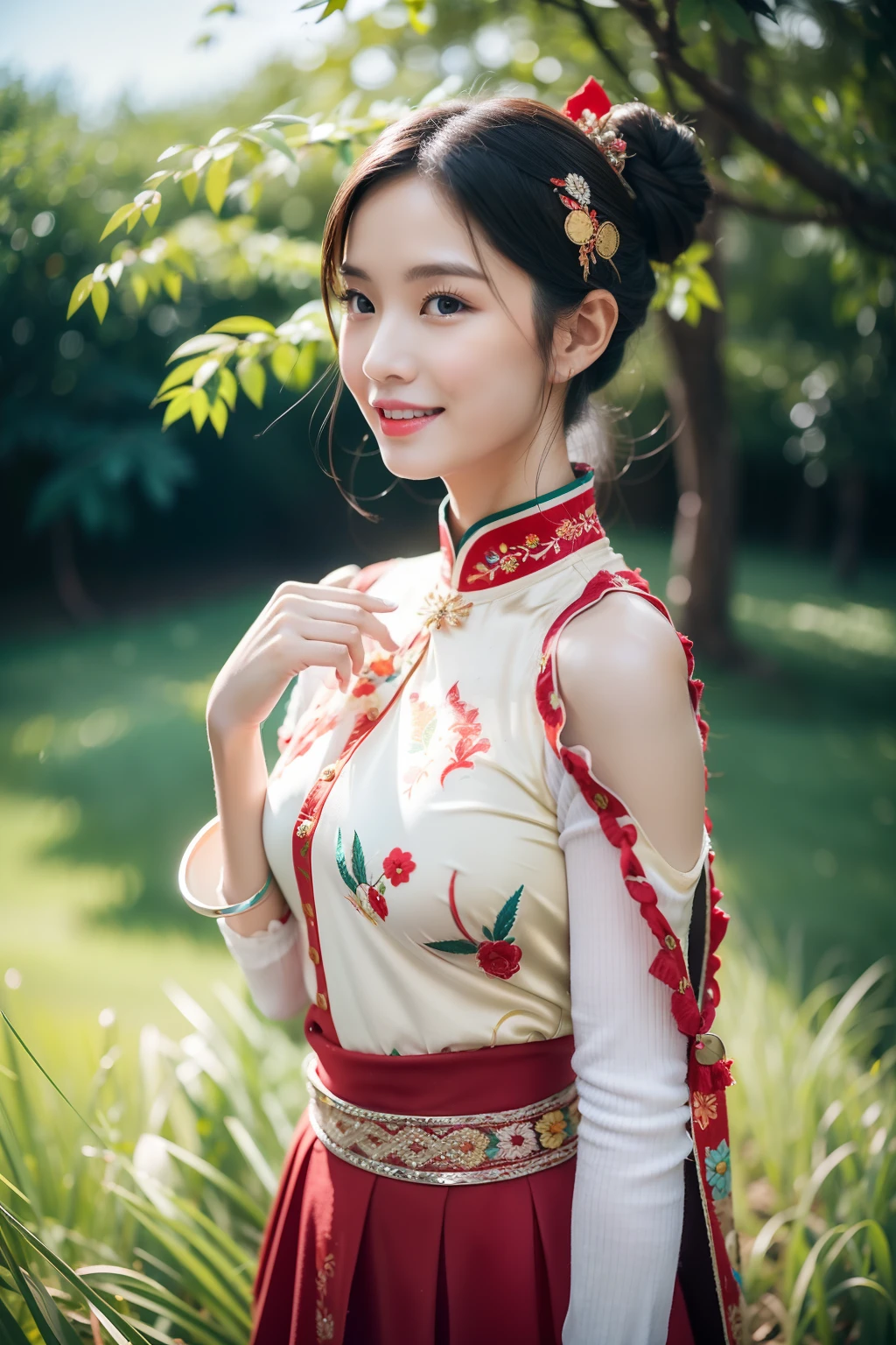 (8K分辨率,Vista full body photo),(1womanl,20yr old,(Facial features of Thai Aom:1.8,s delicate face),详细的脸,Redlip,Fair smooth skin,(Classic Hmong costume:1.4,(breastsout、The back is trimmed with floral cloth,The cuffs are multi-colored horizontal bars,Cardigans,Wear short waist-length),Headband silver crown(Silver crown(styling:It is quadrangular and protruding,Wrapped around such as a spiral or eccentricity,Various patterns are printed on the plane),Silver item(Silver collars range from small to large with up to seven circles),silver necklace,Bun hairpin),(pleatedskirt,There is a waistband(Miao embroidery、batik)),耳Nipple Ring,bangle,Tall and tall,The action of conversation,perfect hand,Ultra-fine clothing material),(Traditional Xijiang Miao village,Festive party night background in cottage house,Exquisite environmental details),(exhilarated,confident smile,Rejoice),(profesional lighting,动态照明),((The colors are more balanced,(black in color,blue colors,red colour))),(Golden section,Cinema lenses,Hasselblad photograp,tmasterpiece:1.3),(Miaozhai idol,Focus in the field,trendsetting,Folklore artist,Art platform)