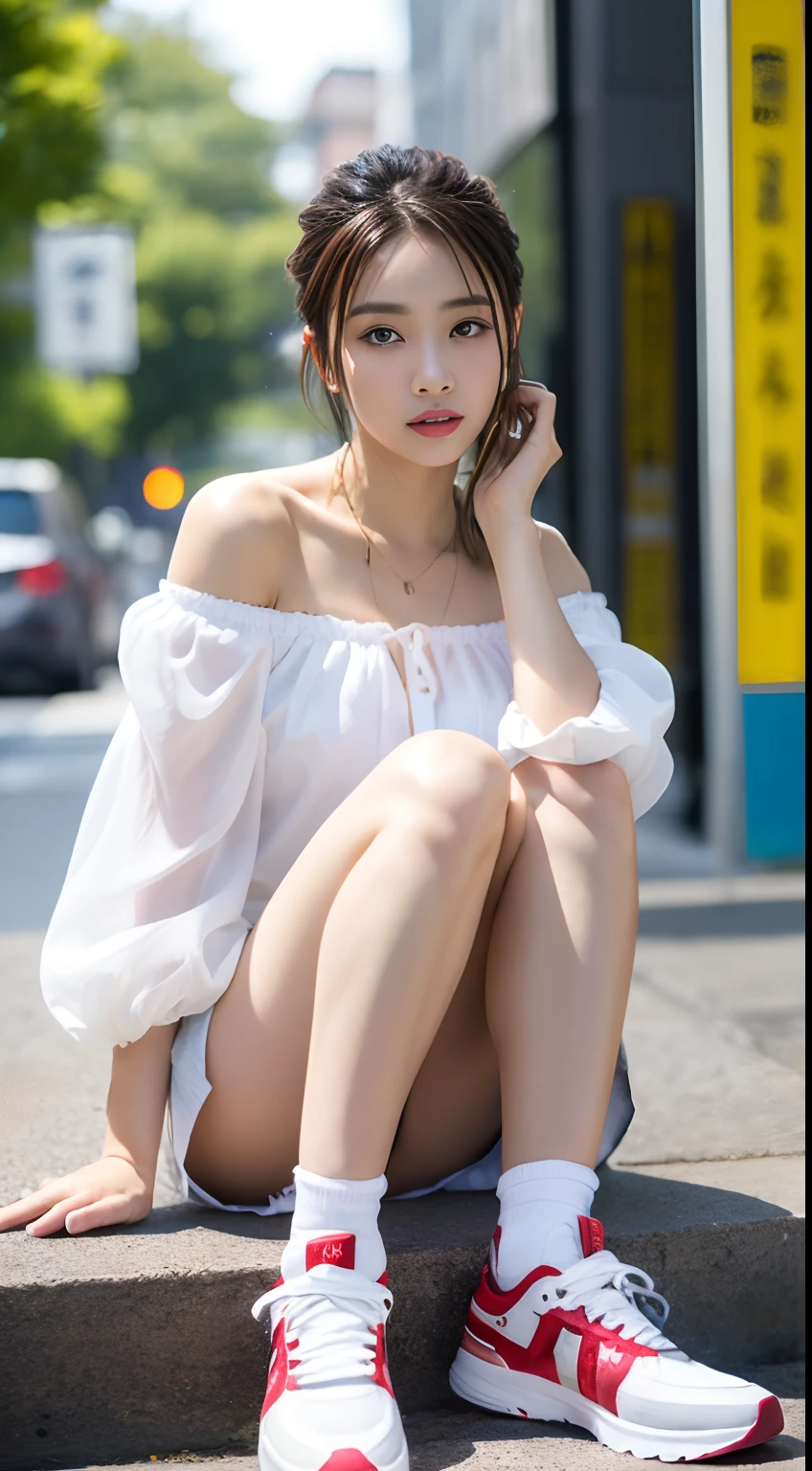 ((Best picture quality, 8K, tmasterpiece:1.3)), 1girll, Casual hairstyle, （off-shoulder blouse，Short pleated skirt：1.3）,（wet see through clothes：1.4），Ultra-fine face, A detailed eye, 二重まぶた，（long leges：1.4），（athletic sneakers：1.3）Erlang legs，Sit sideways on a high platform