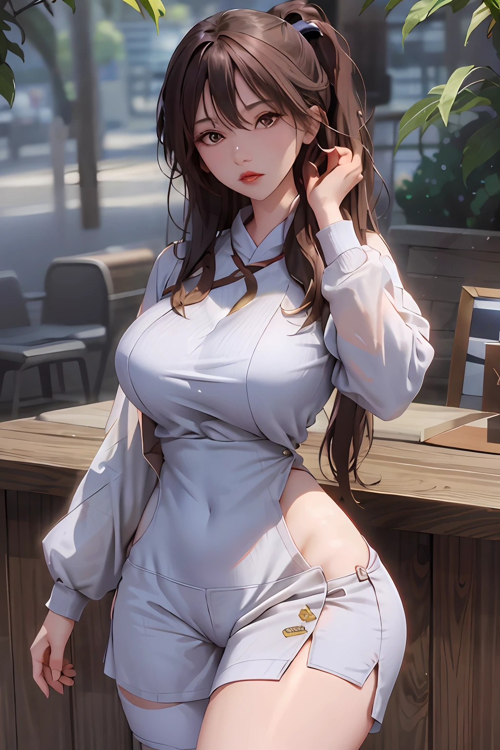 Masterpiece: 1.2, Best quality), hentail realism,, (Real picture, rich detail details, depth of fields), (1girll, Solo), Makeup, harelip, High detail, Perfect face shape, (Big breasts: 1.2), (skin indentation ), tmasterpiece:1.2,best qualtiy),realisticlying,(Real pictures,rich detail details,depth of fields),(1girll,独奏),putting makeup on,harelip,high detal,Perfect face shape,(:1.4),(dent in the skin),Thigh thick,Wide hips,Big breasts Thin waist,highr,The corals,Redlip,黑The eye,pony tails,(sweat leggs:1.2),(dampness),Raised sexy,White casual sweatpants